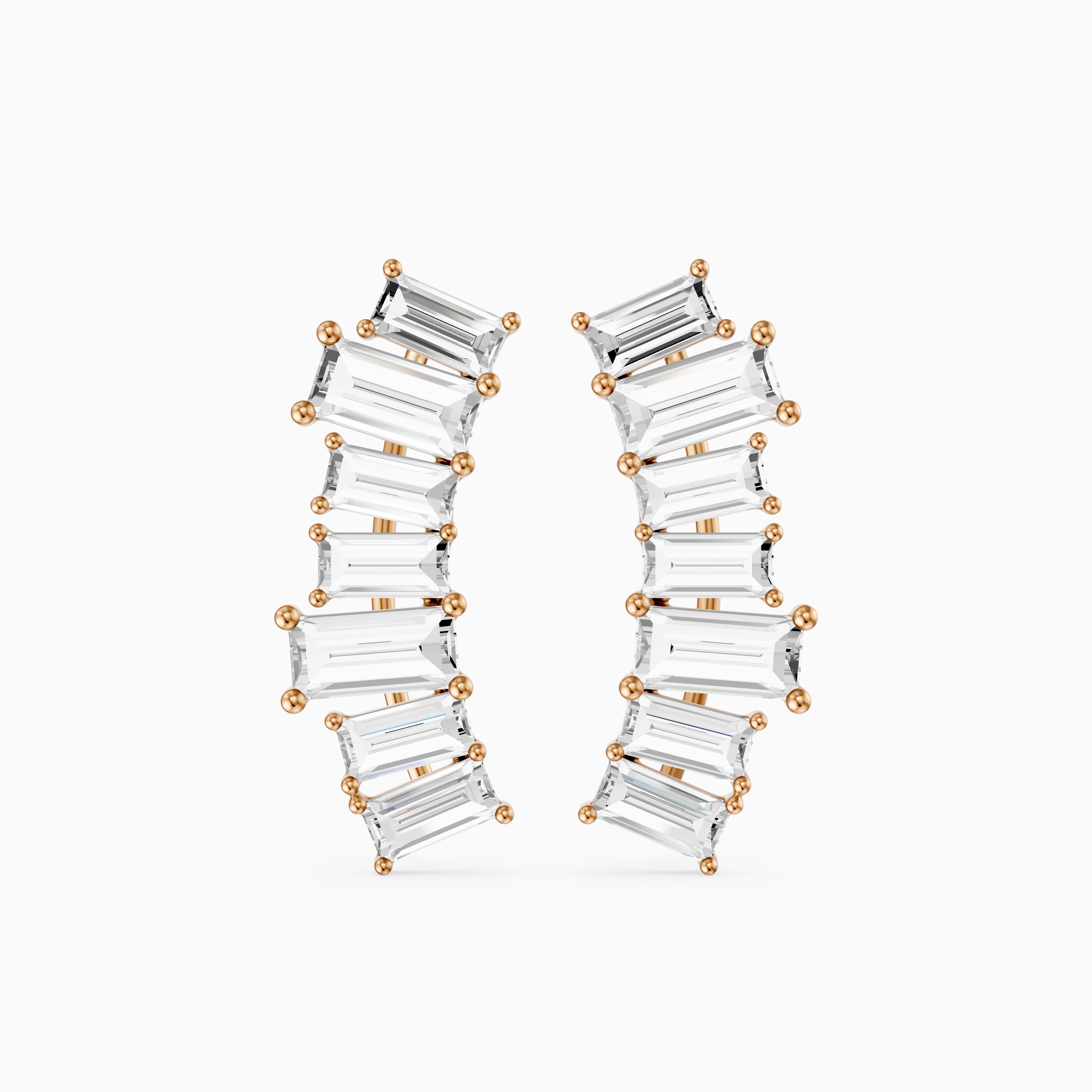 Dior Baguette Lab Grown Diamond Four Claw Ear Climber Cuff Earrings