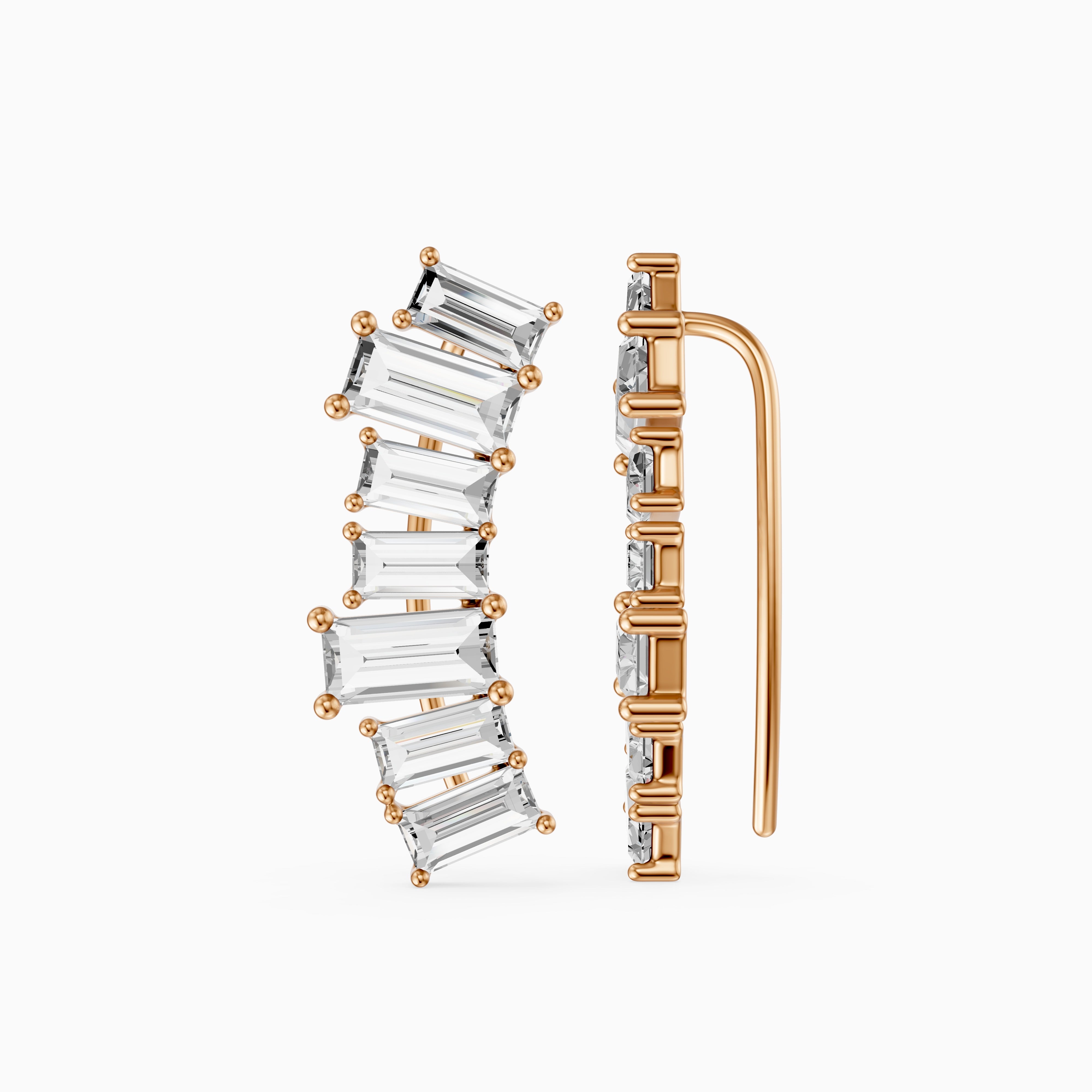 Dior Baguette Lab Grown Diamond Four Claw Ear Climber Cuff Earrings