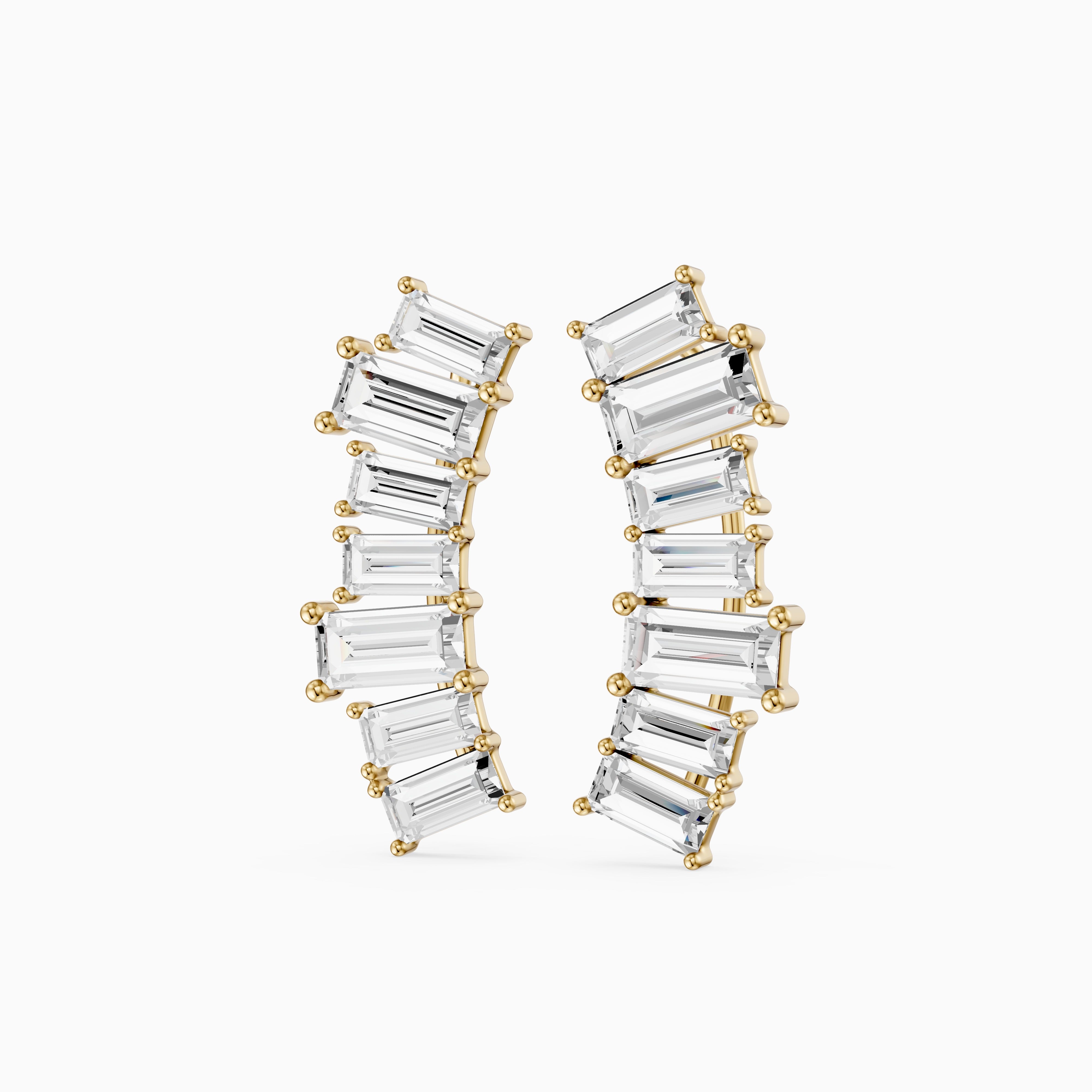 Dior Baguette Lab Grown Diamond Four Claw Ear Climber Cuff Earrings
