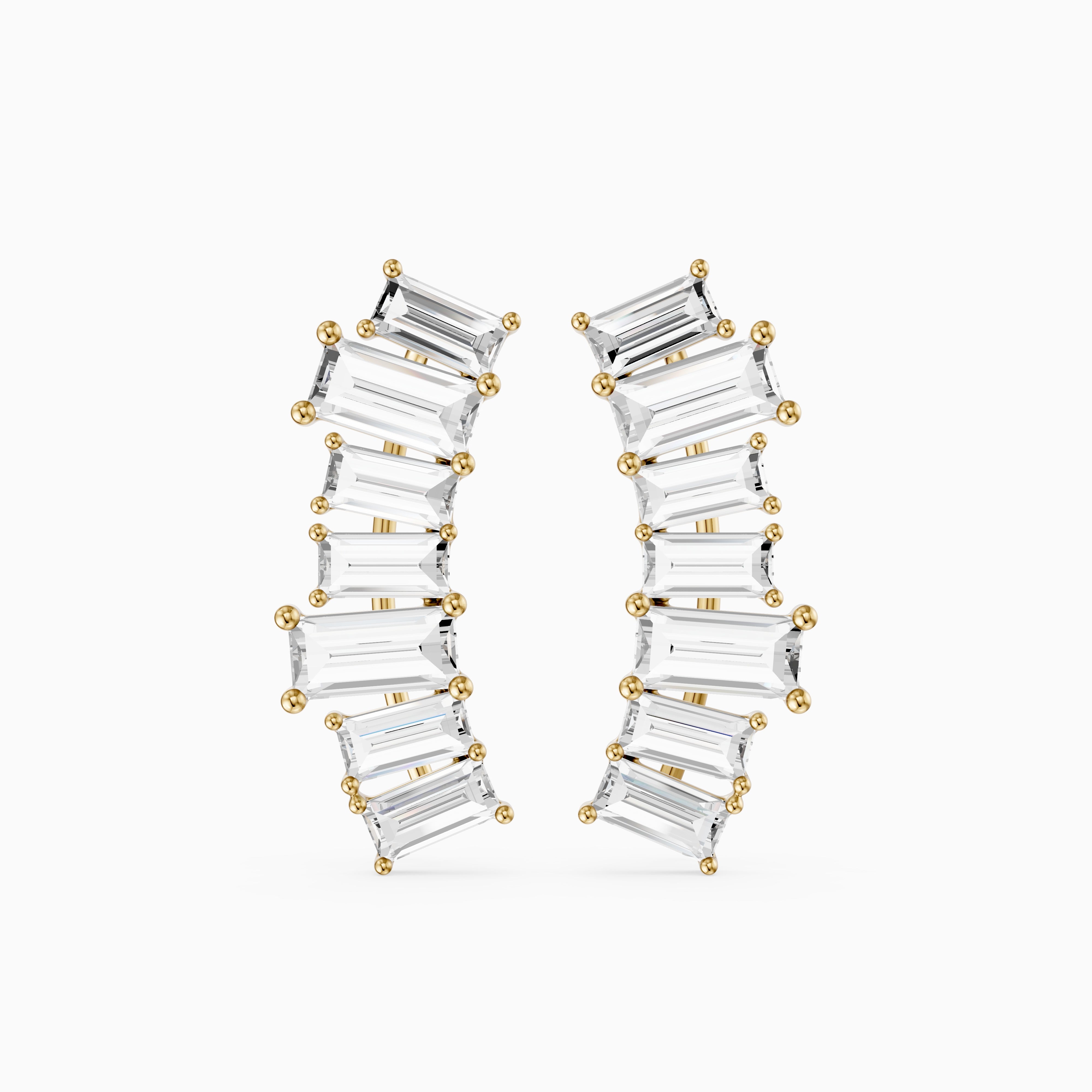Dior Baguette Lab Grown Diamond Four Claw Ear Climber Cuff Earrings