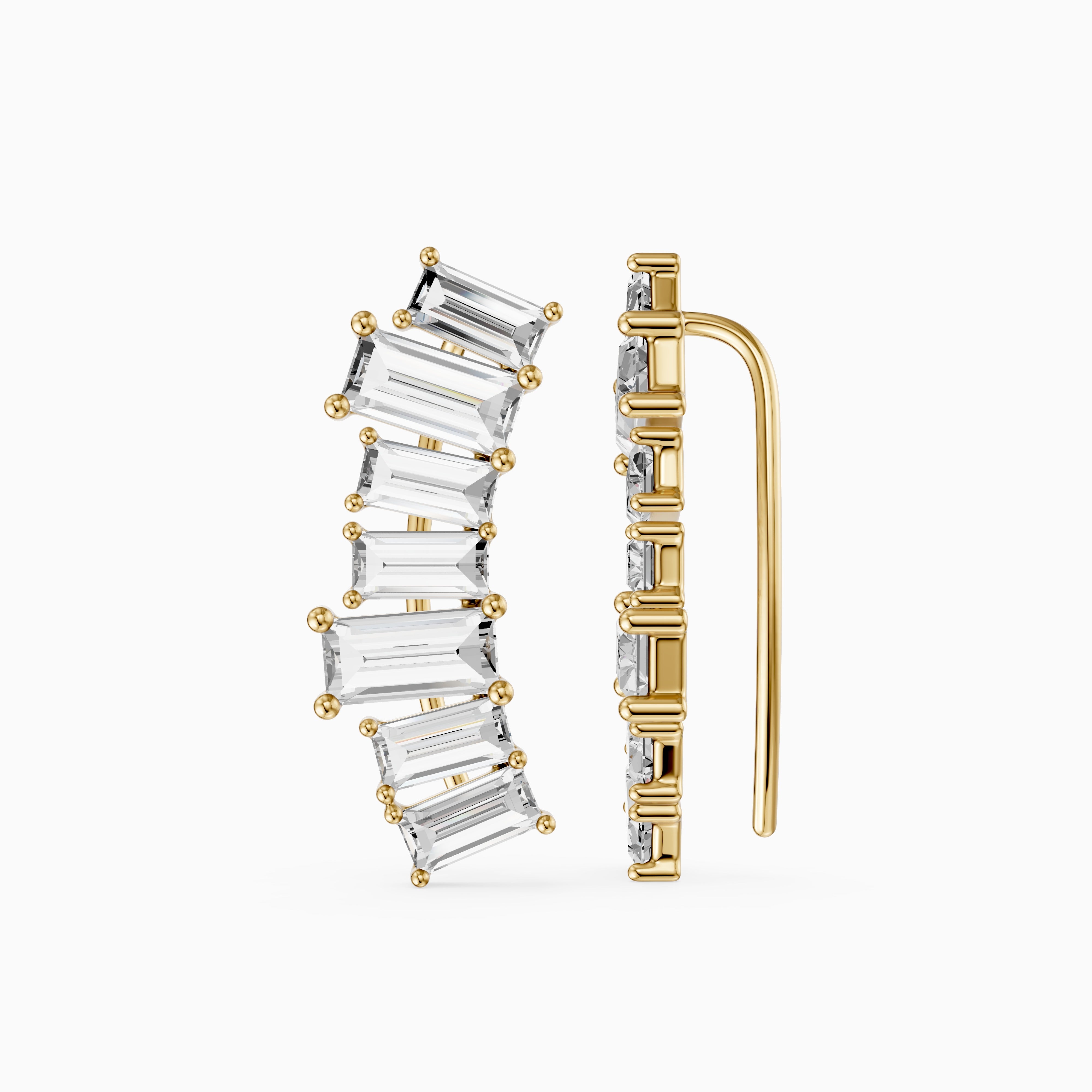 Dior Baguette Lab Grown Diamond Four Claw Ear Climber Cuff Earrings