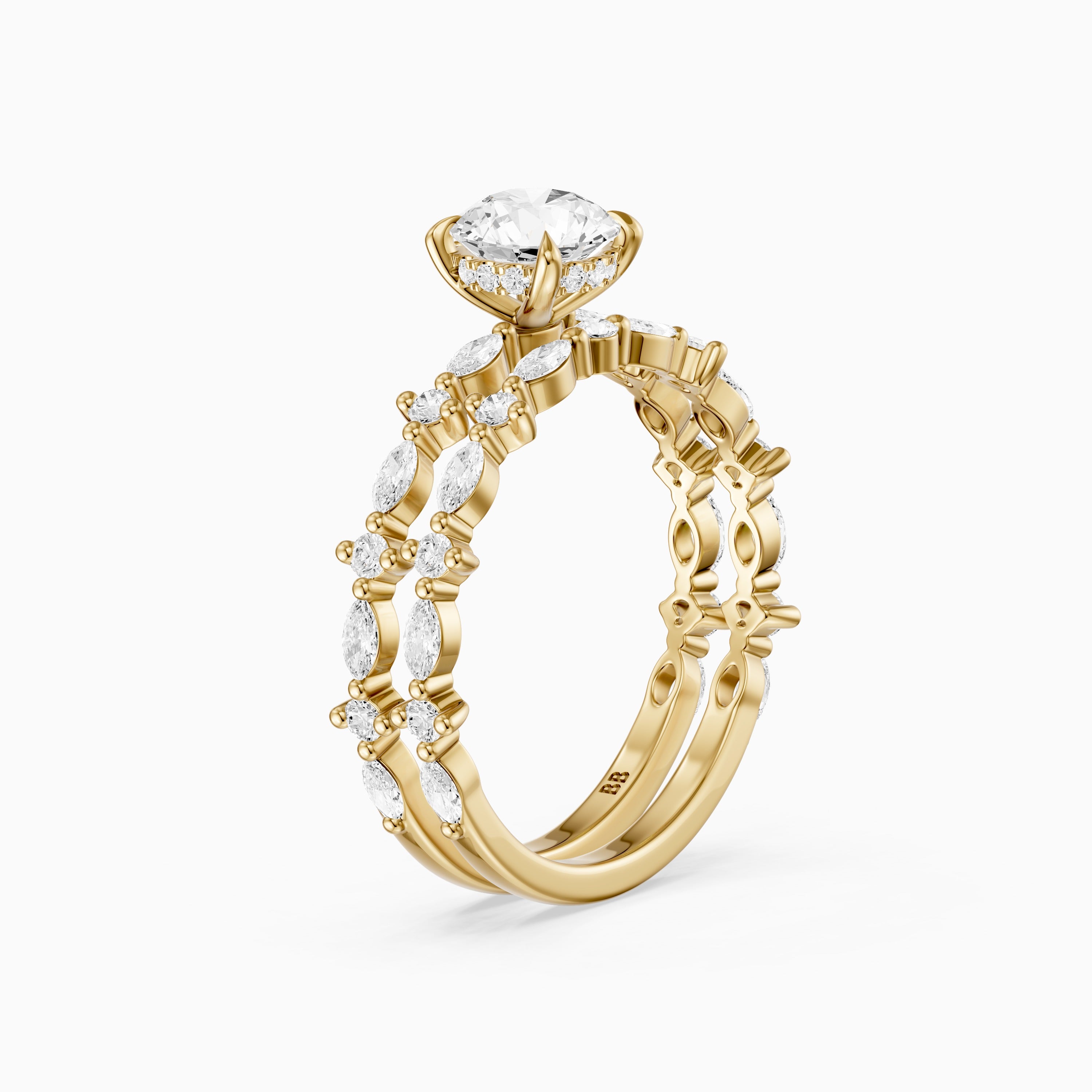 Elen Round Lab Grown Diamond Bridal Set with Round and Marquise Diamond Band