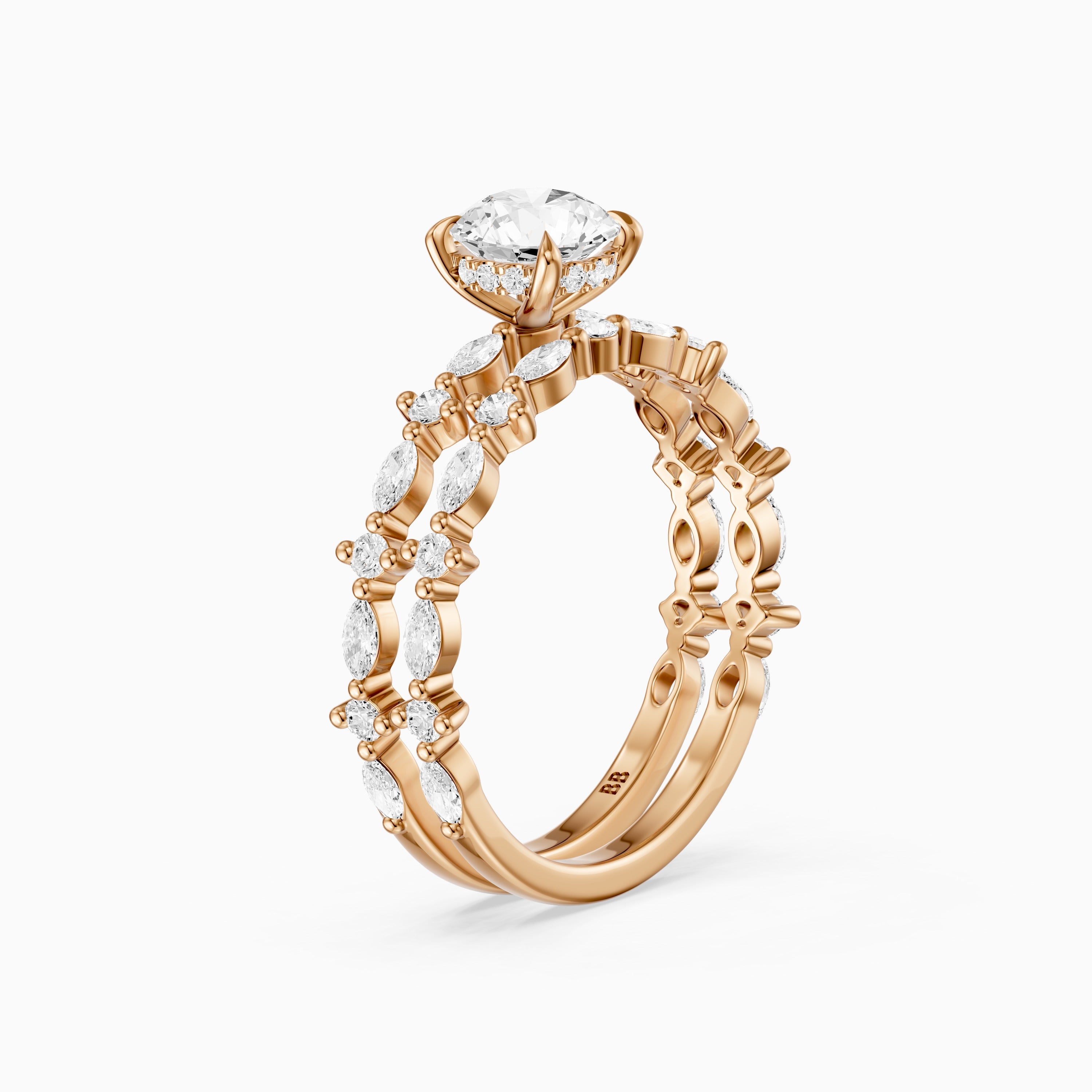 Elen Round Lab Grown Diamond Bridal Set with Round and Marquise Diamond Band