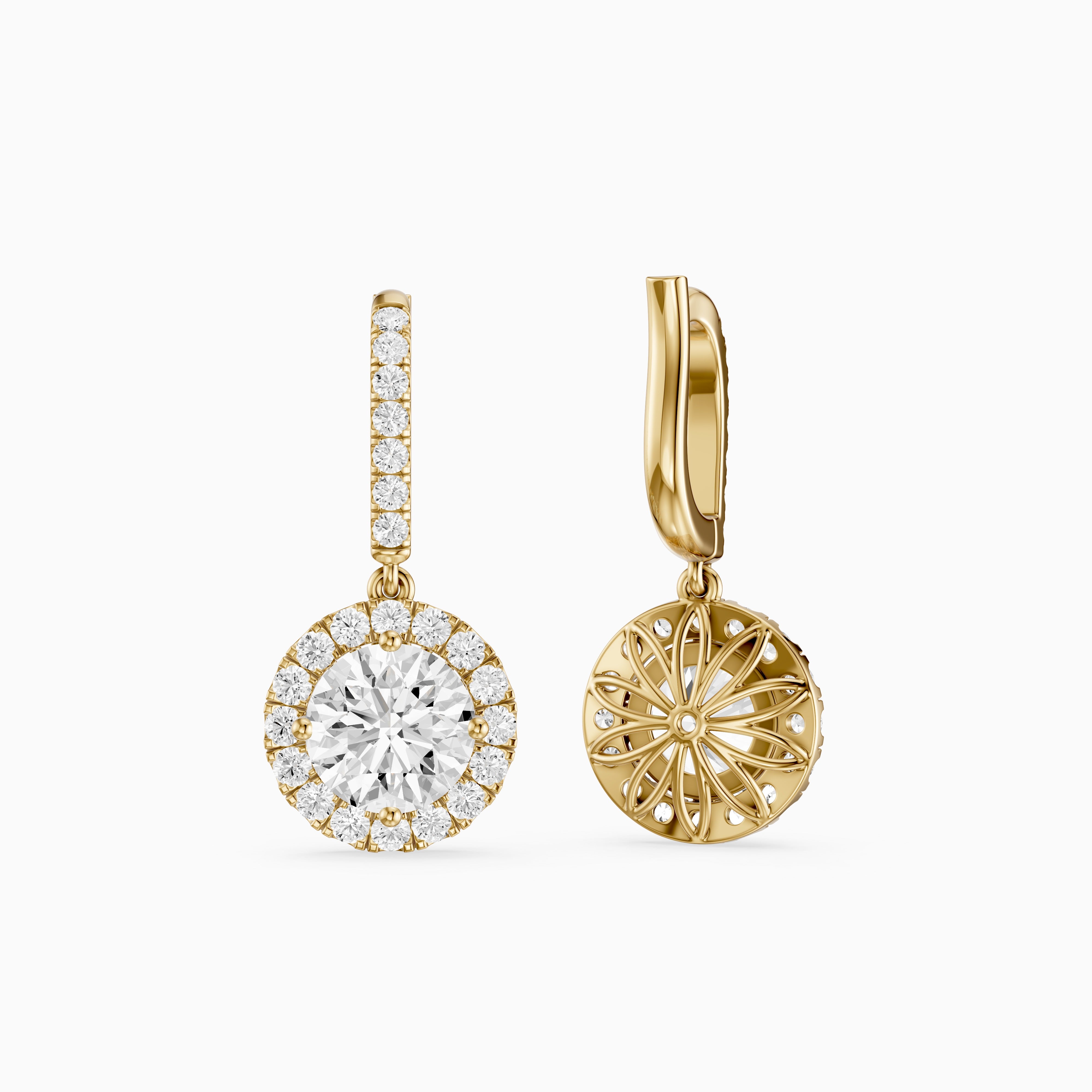 Poppy Round Lab Grown Diamond Halo Drop Earrings with Pave Bar