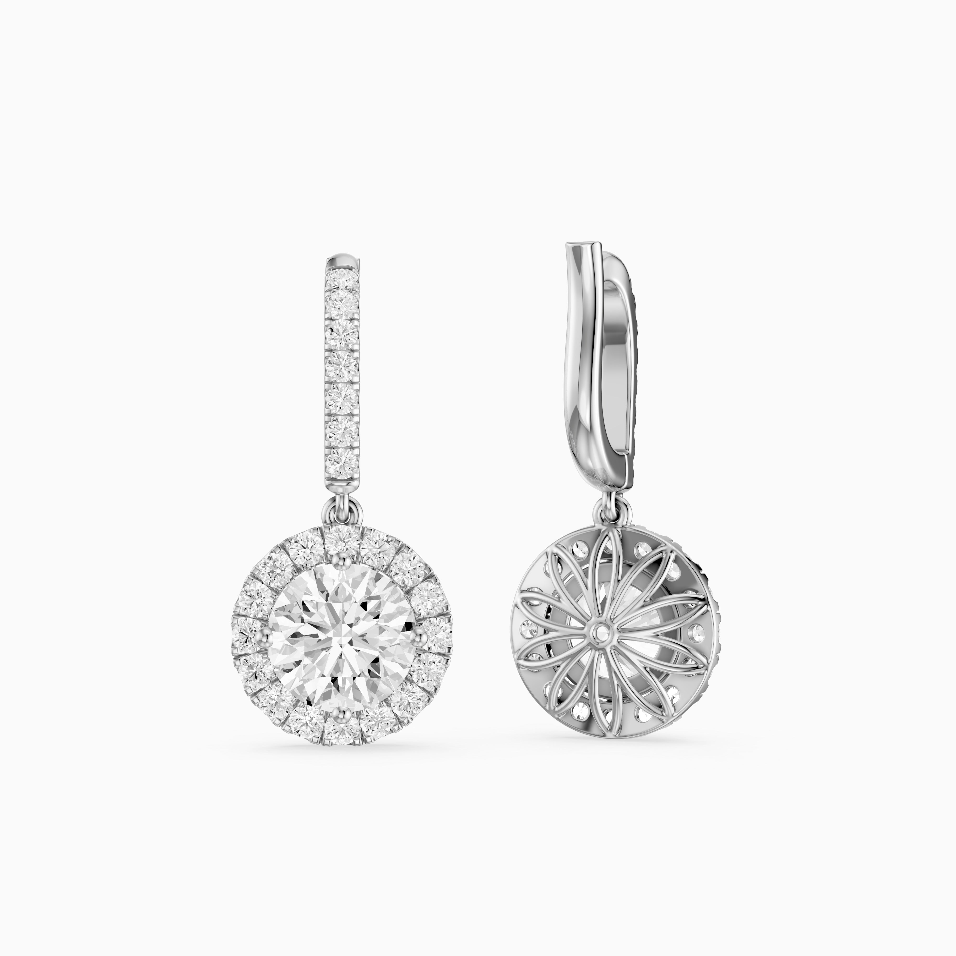 Poppy Round Lab Grown Diamond Halo Drop Earrings with Pave Bar