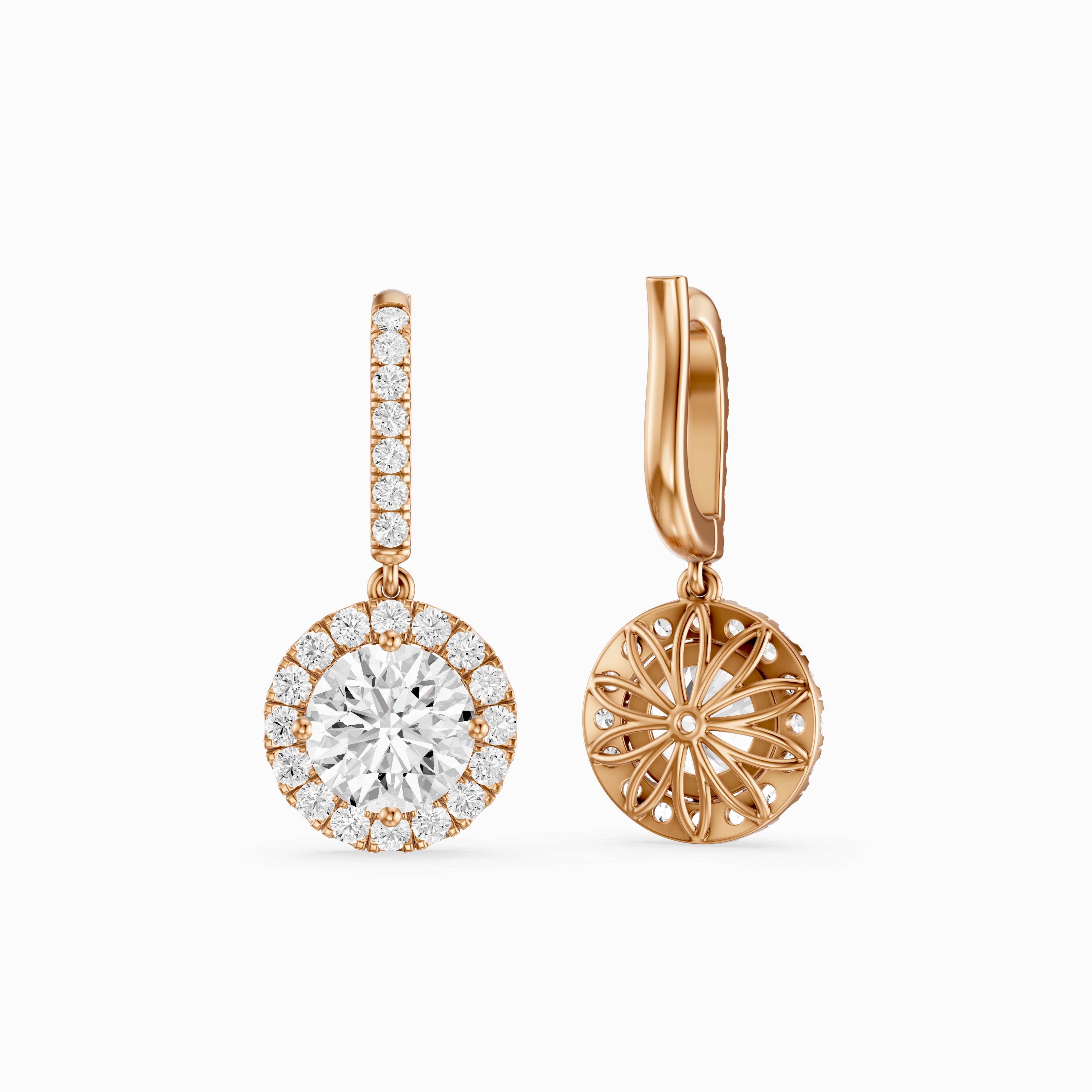 Poppy Round Lab Grown Diamond Halo Drop Earrings with Pave Bar