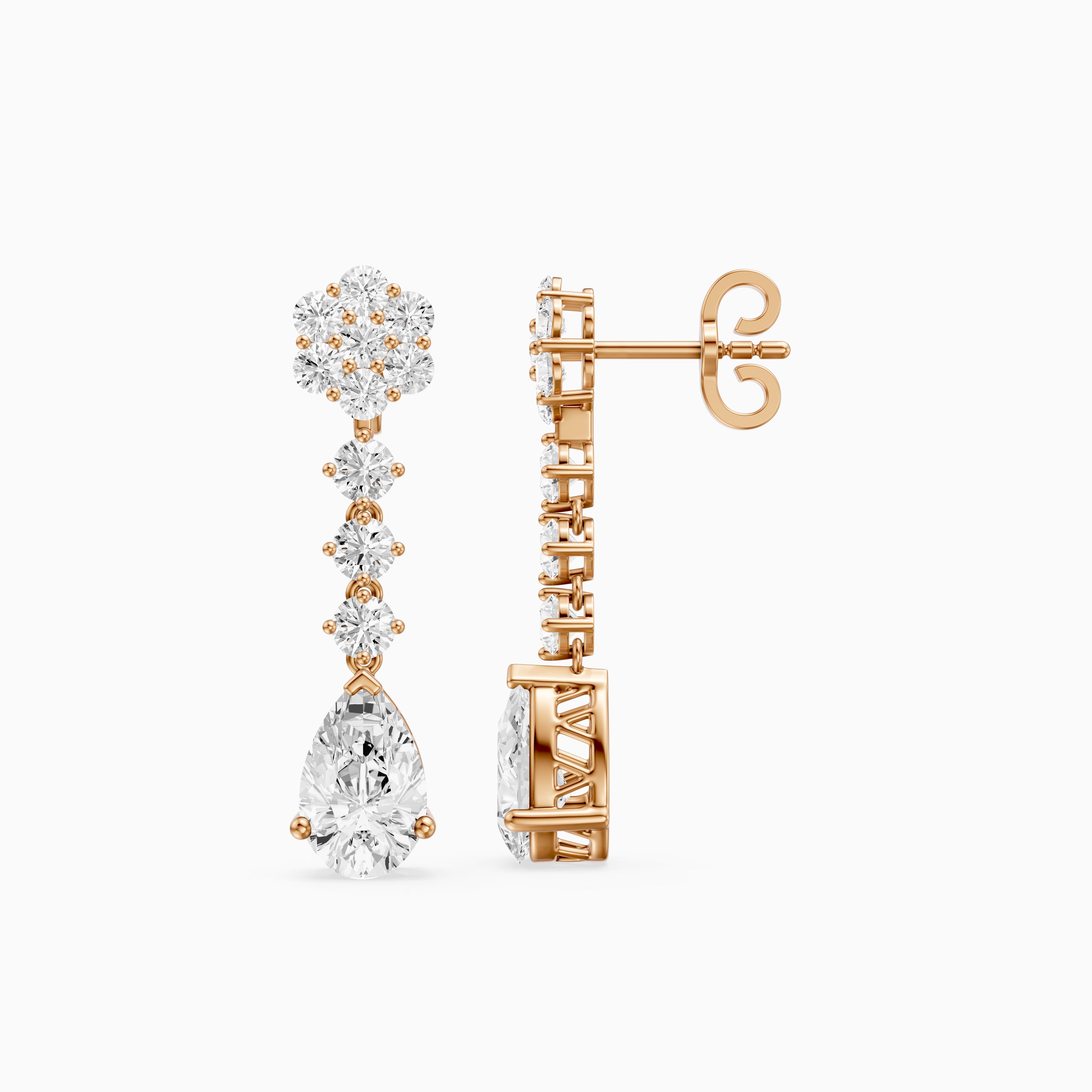 Whitney Pear and Round Lab Grown Diamond Flower Cluster Drop Earrings