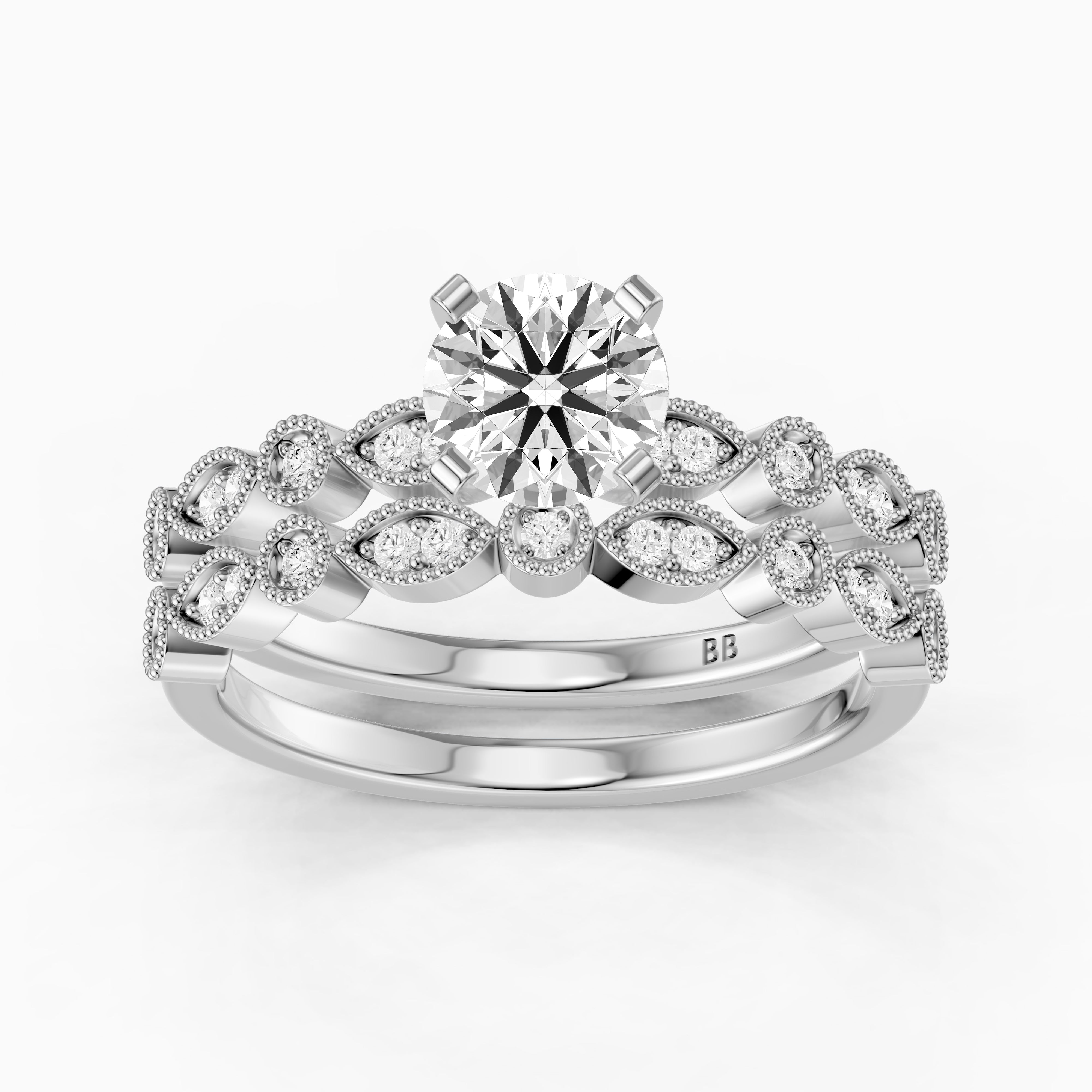 Elisa Round Lab Grown Diamond Vintage Milgrain Bridal Set