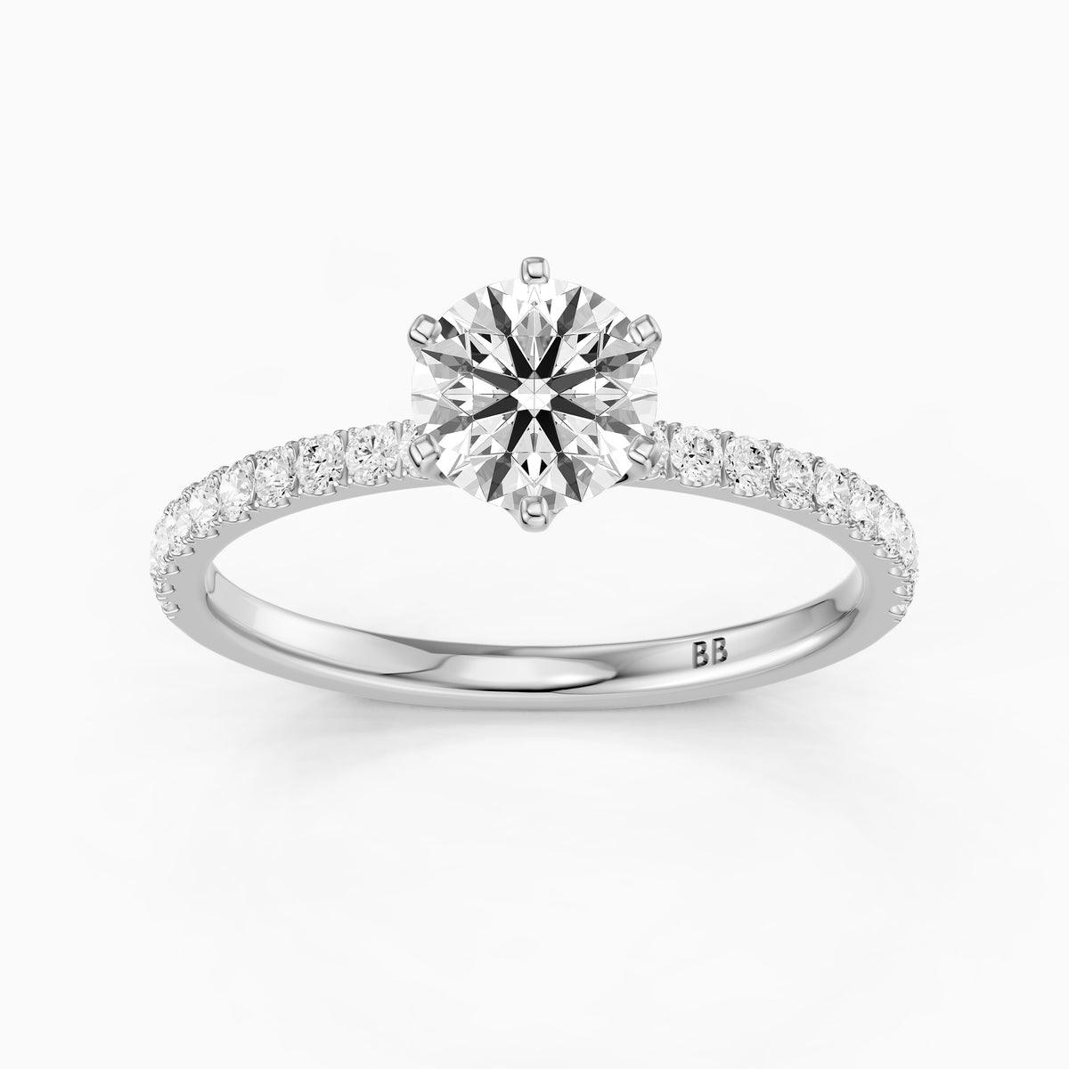 Maggie 6 Prong Round Cut Side Stone Pave Moissanite Diamond Ring