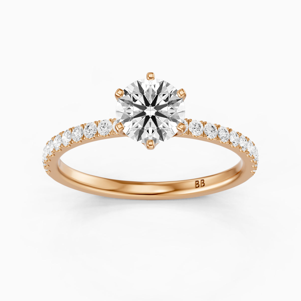 Maggie 6 Prong Round Cut Side Stone Pave Moissanite Diamond Ring