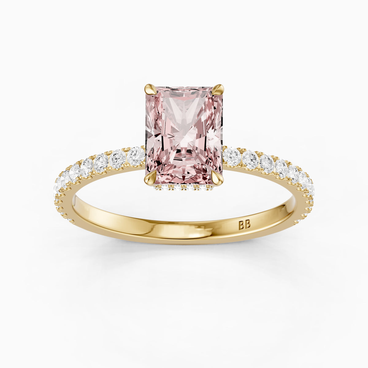 Eulalie Radiant Cut Hidden Halo Side Stone Pave Pink Lab Grown Diamond Ring