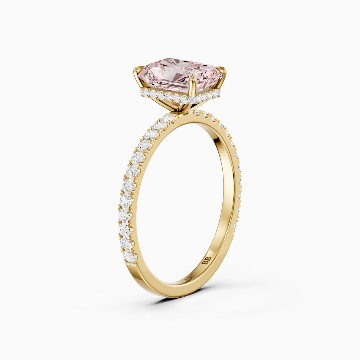 Eulalie Radiant Cut Hidden Halo Side Stone Pave Pink Lab Grown Diamond Ring