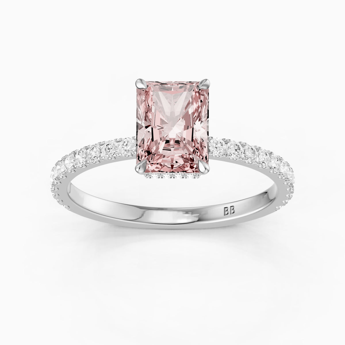 Eulalie Radiant Cut Hidden Halo Side Stone Pave Pink Lab Grown Diamond Ring