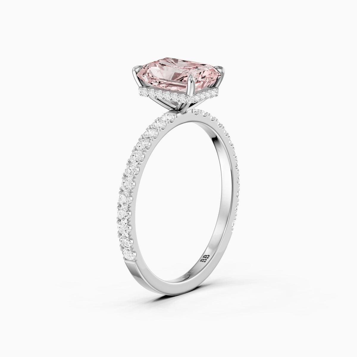 Eulalie Radiant Cut Hidden Halo Side Stone Pave Pink Lab Grown Diamond Ring