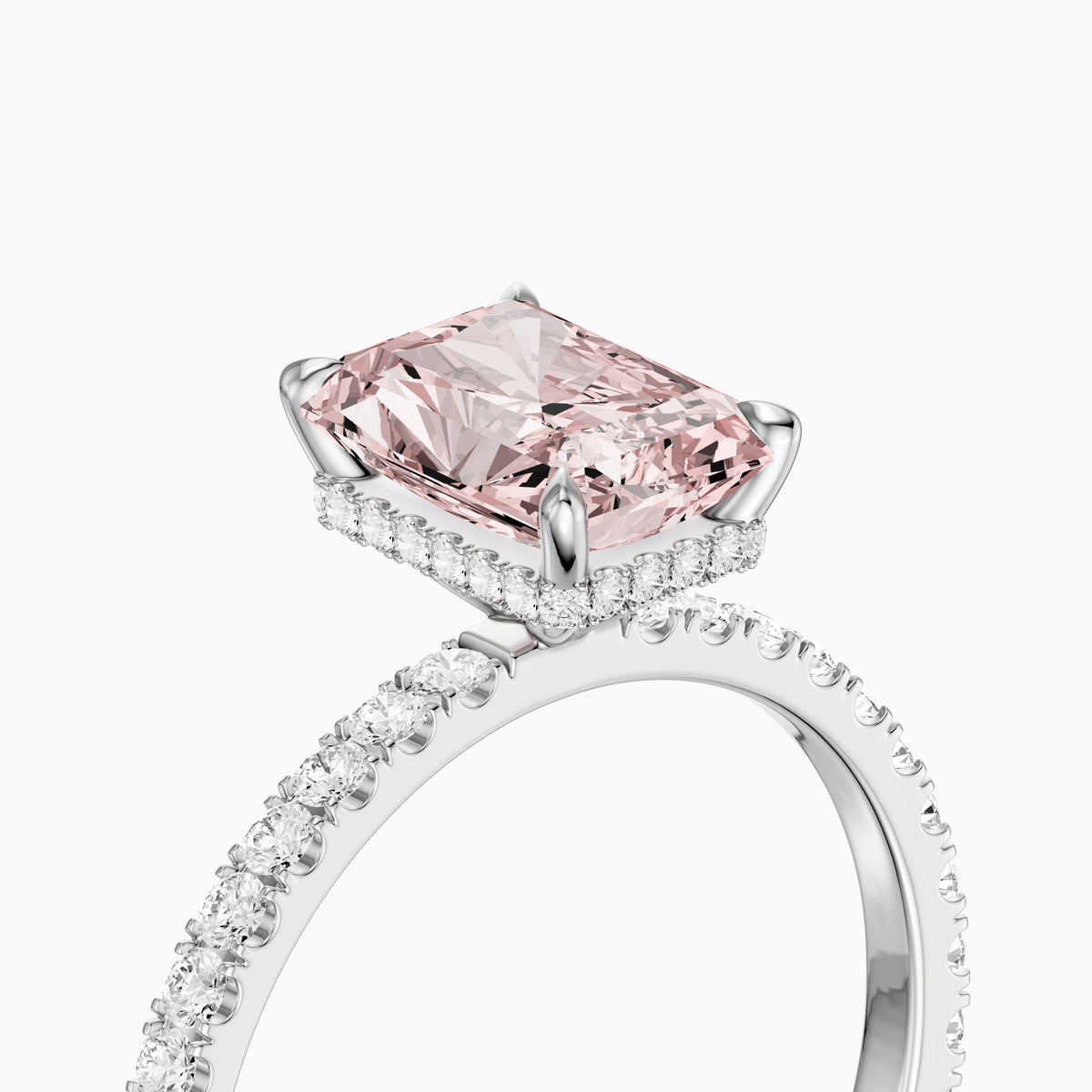 Eulalie Radiant Cut Hidden Halo Side Stone Pave Pink Lab Grown Diamond Ring