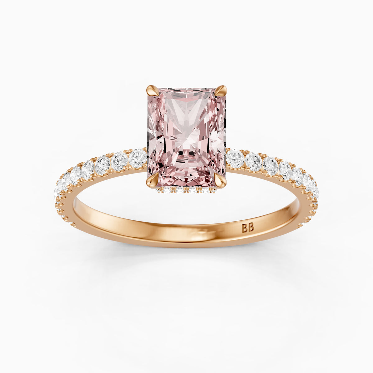 Eulalie Radiant Cut Hidden Halo Side Stone Pave Pink Lab Grown Diamond Ring