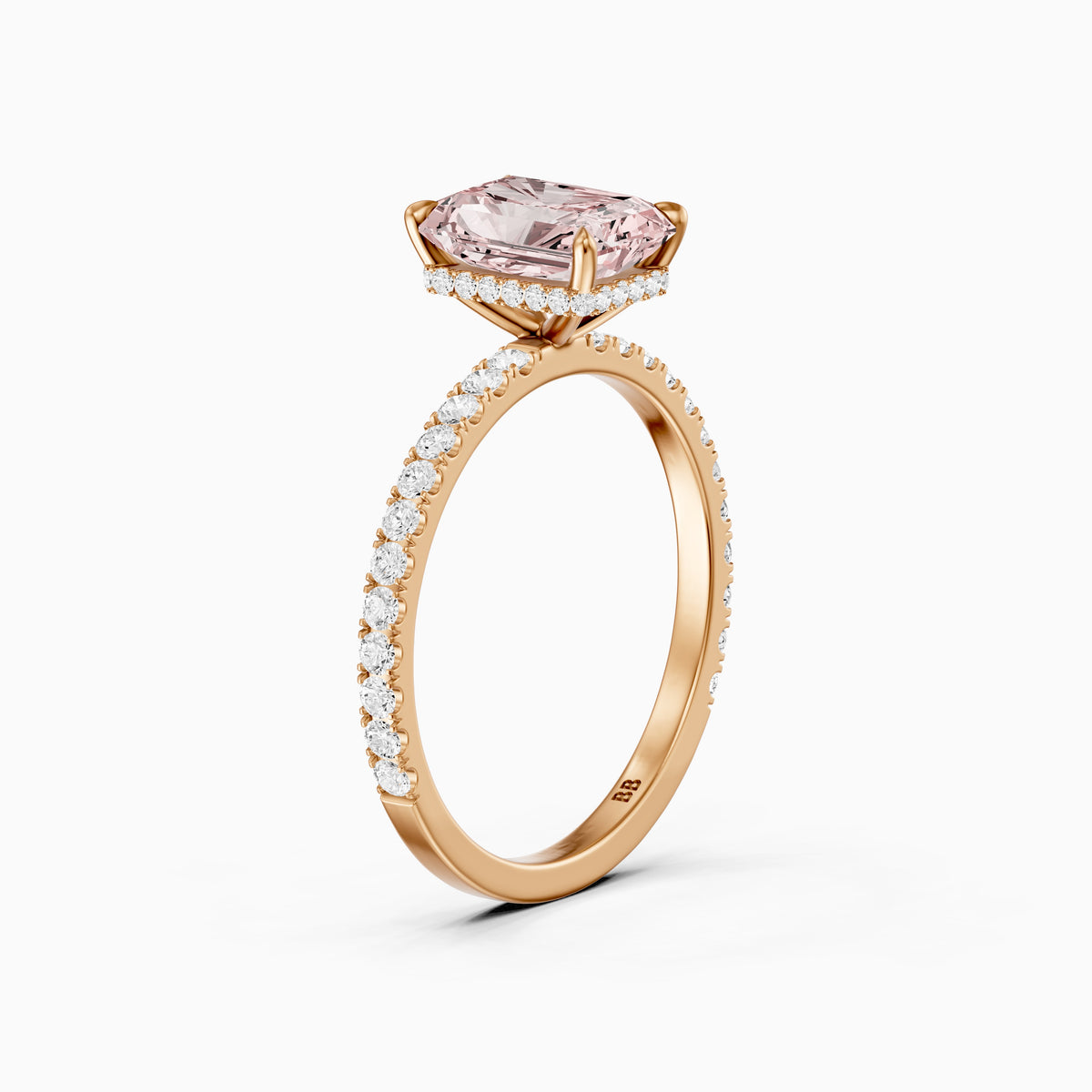 Eulalie Radiant Cut Hidden Halo Side Stone Pave Pink Lab Grown Diamond Ring