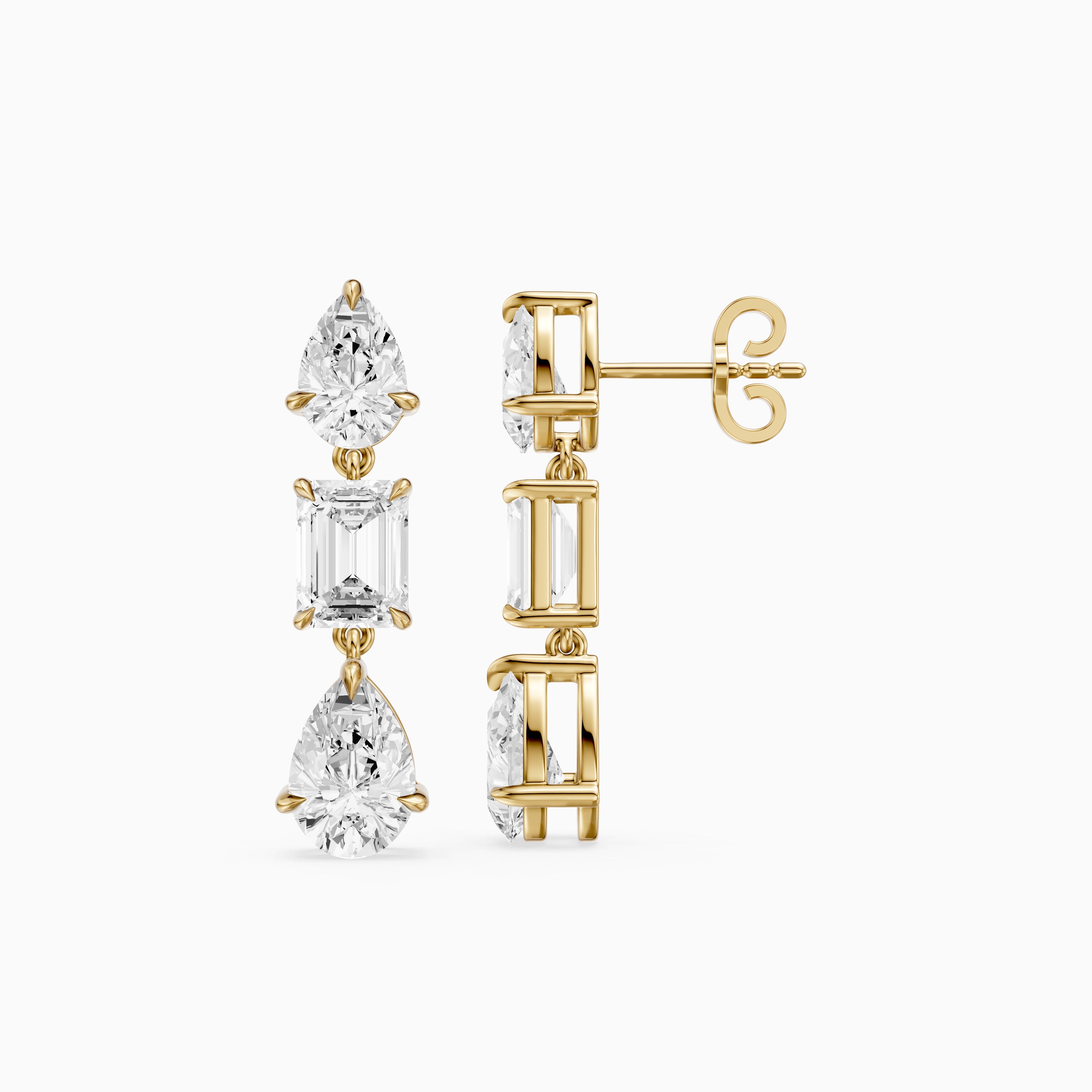 Acacia Emerald Cut and Pear Lab Grown Diamond Three Stone Drop Earrings
