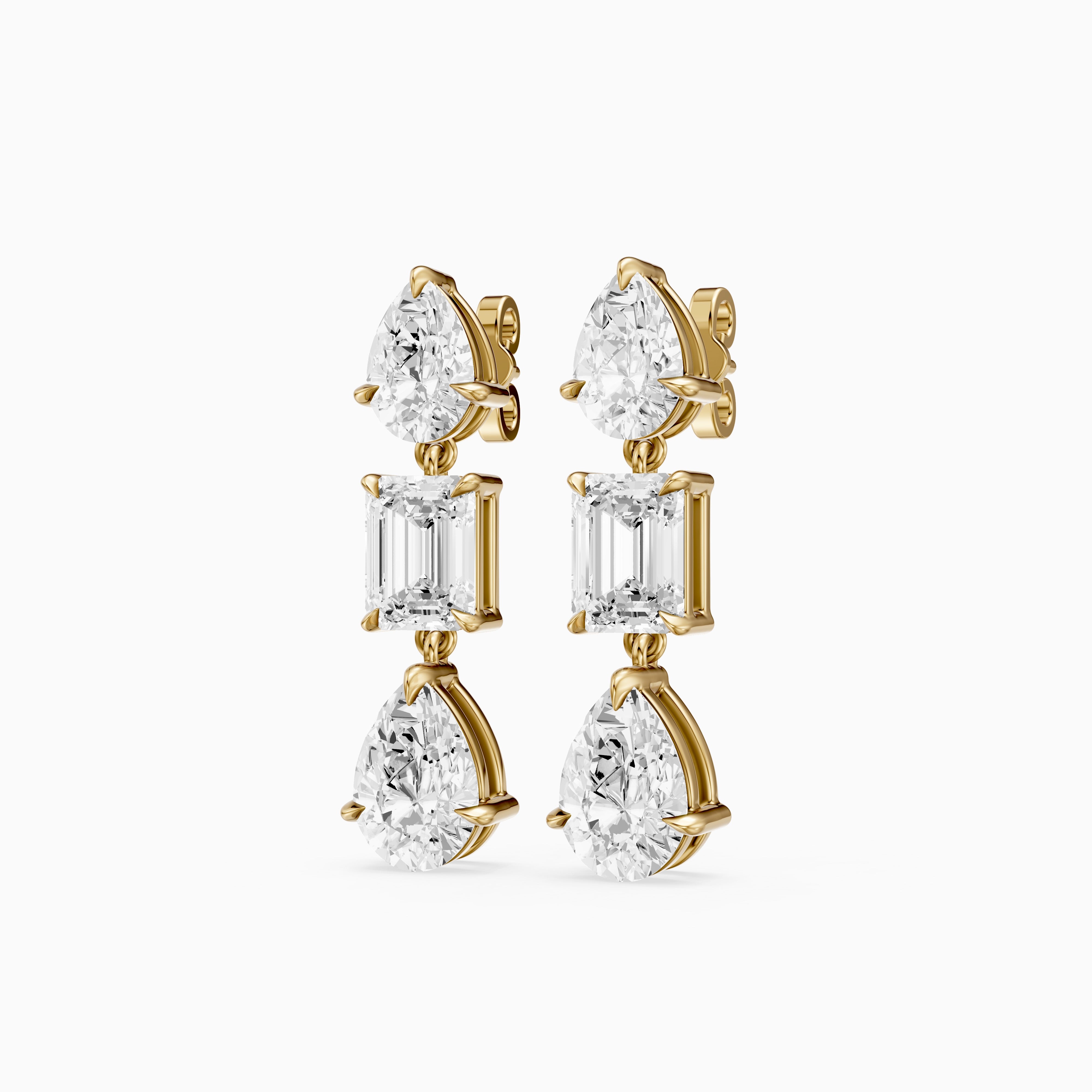 Acacia Emerald Cut and Pear Lab Grown Diamond Three Stone Drop Earrings