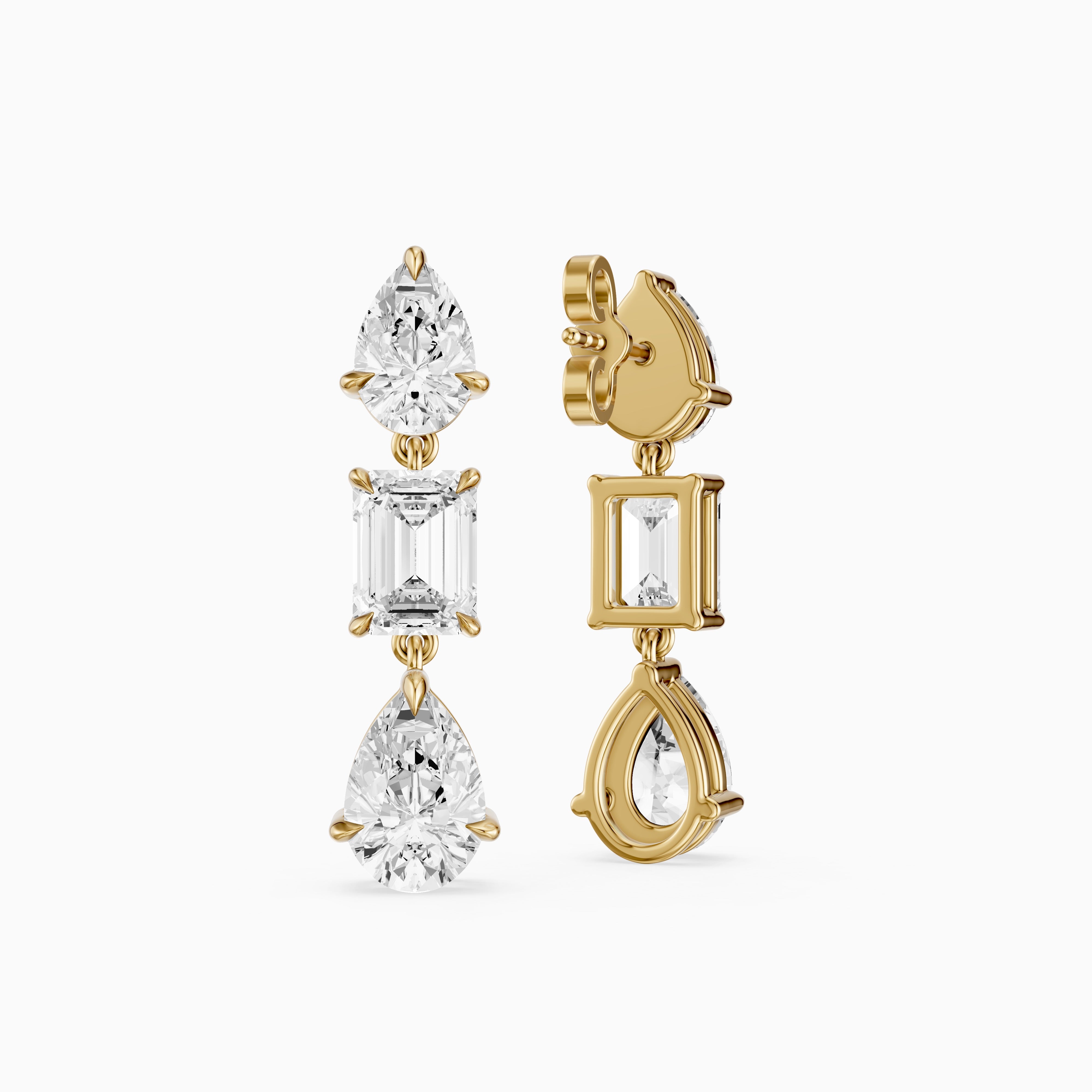 Acacia Emerald Cut and Pear Lab Grown Diamond Three Stone Drop Earrings