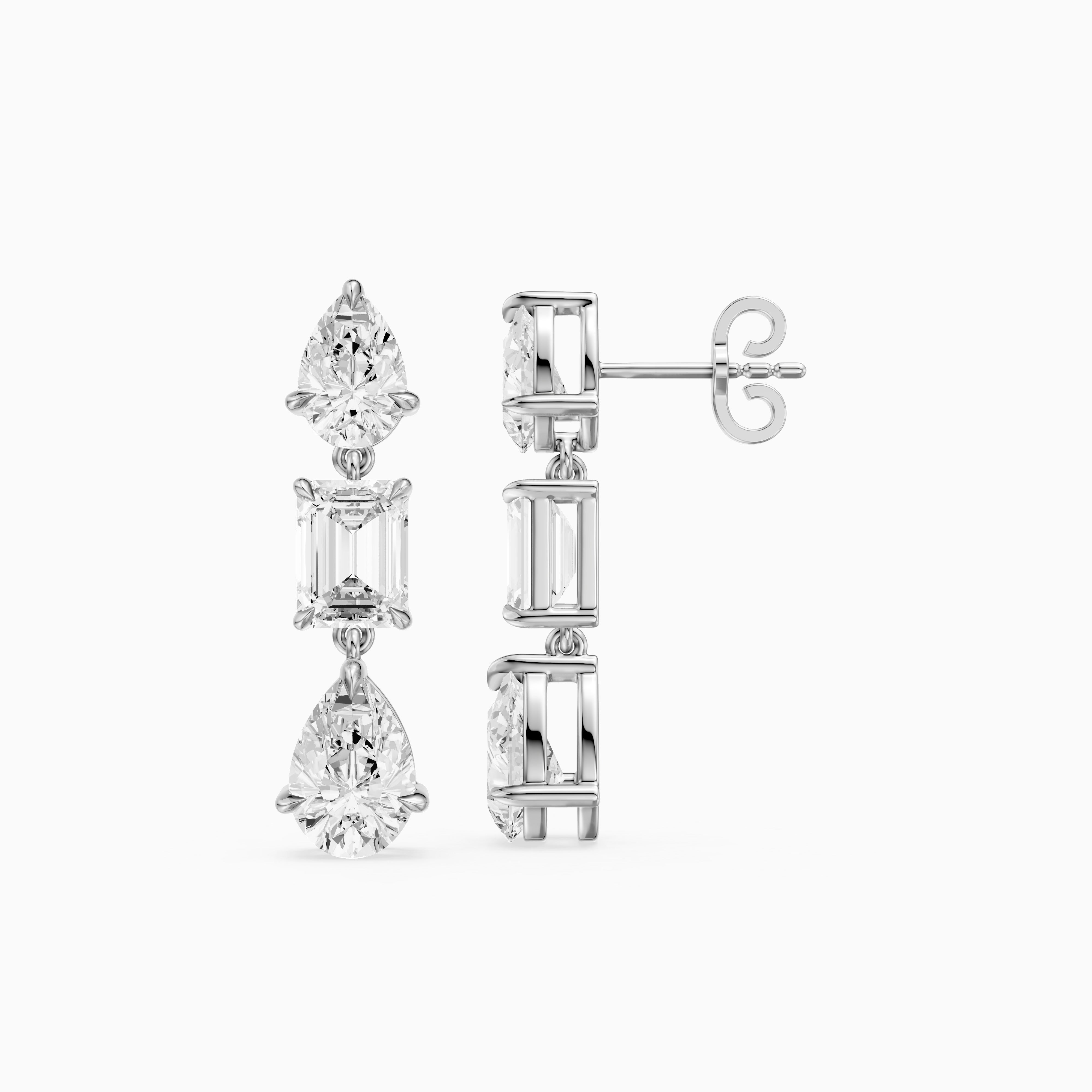 Acacia Emerald Cut and Pear Lab Grown Diamond Three Stone Drop Earrings