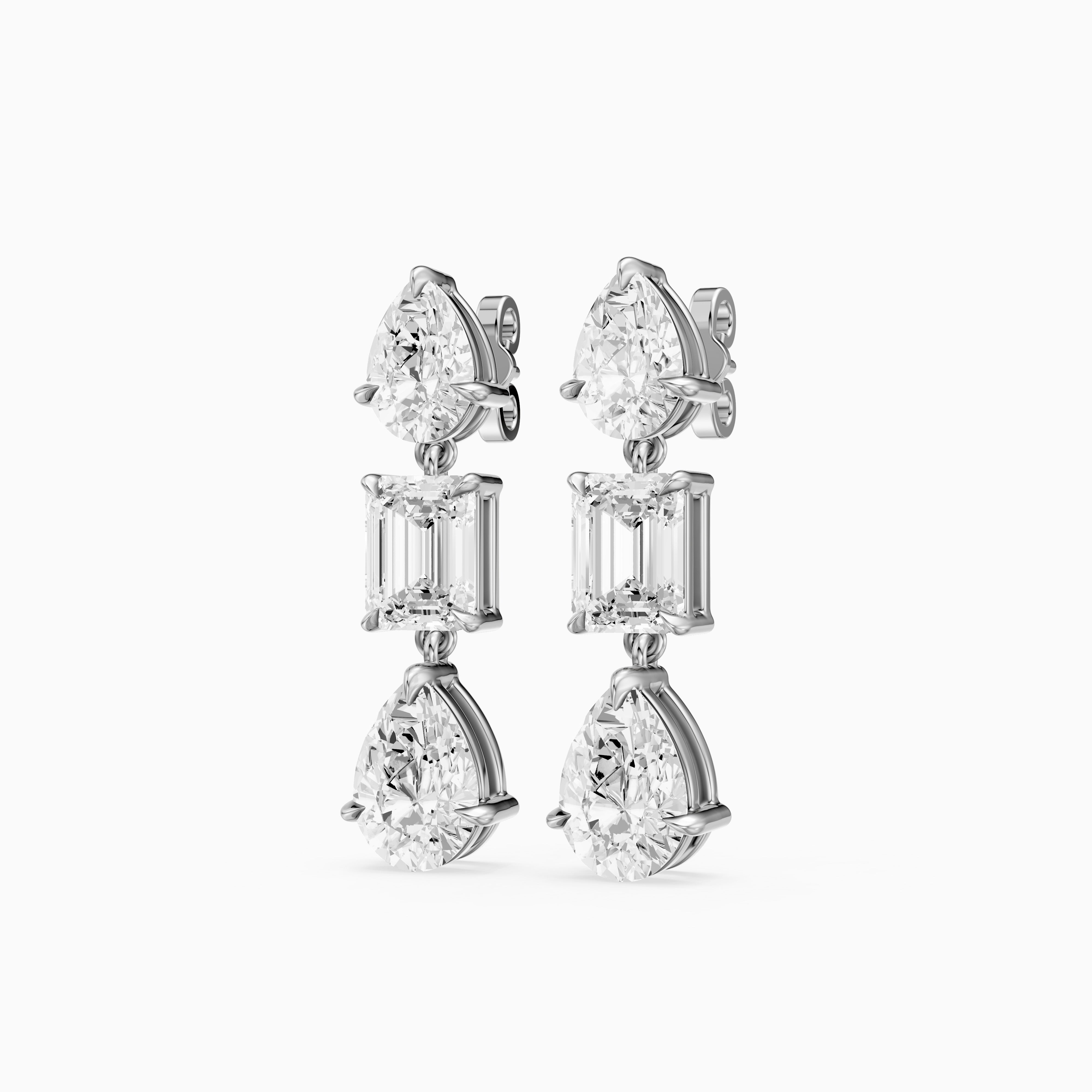Acacia Emerald Cut and Pear Lab Grown Diamond Three Stone Drop Earrings