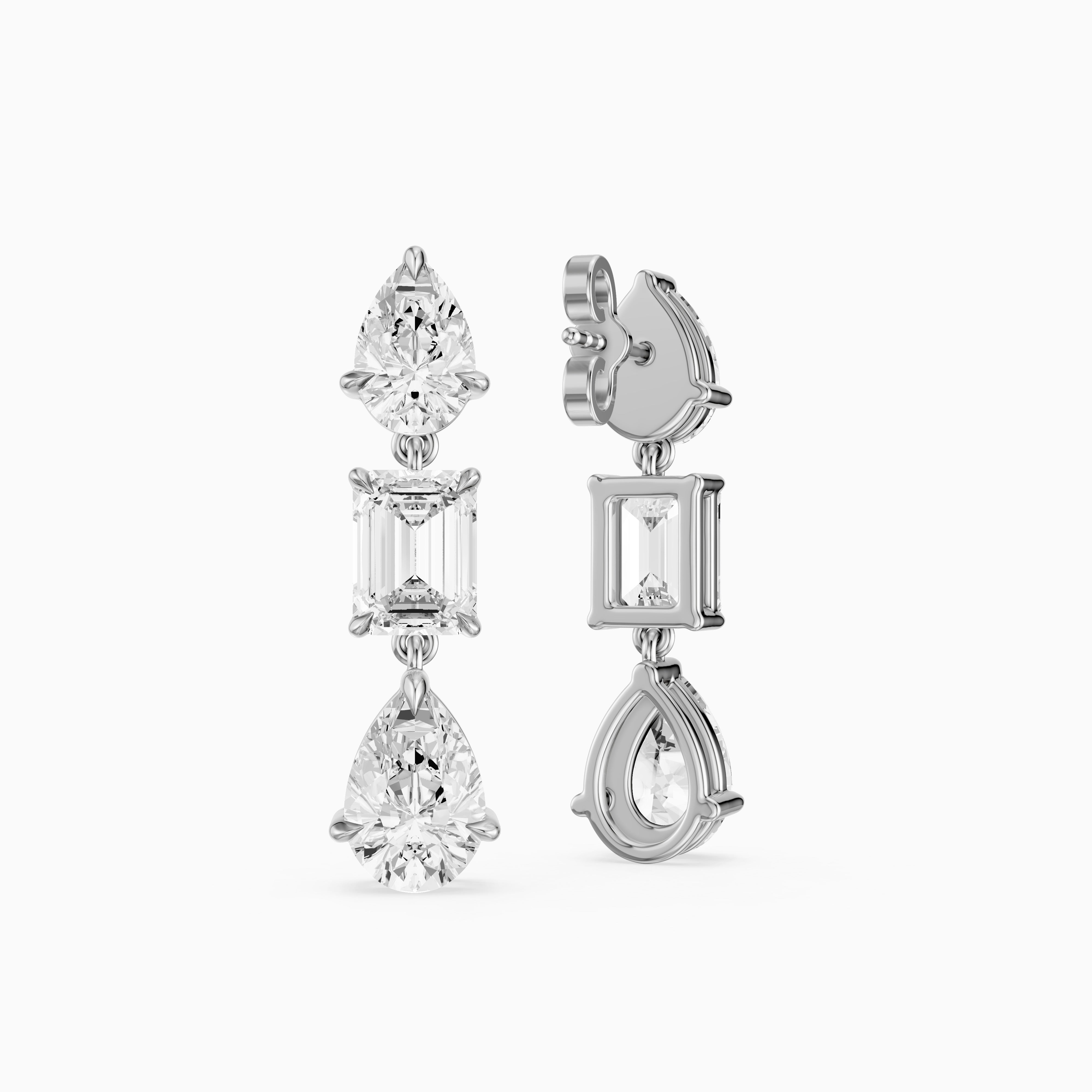 Acacia Emerald Cut and Pear Lab Grown Diamond Three Stone Drop Earrings