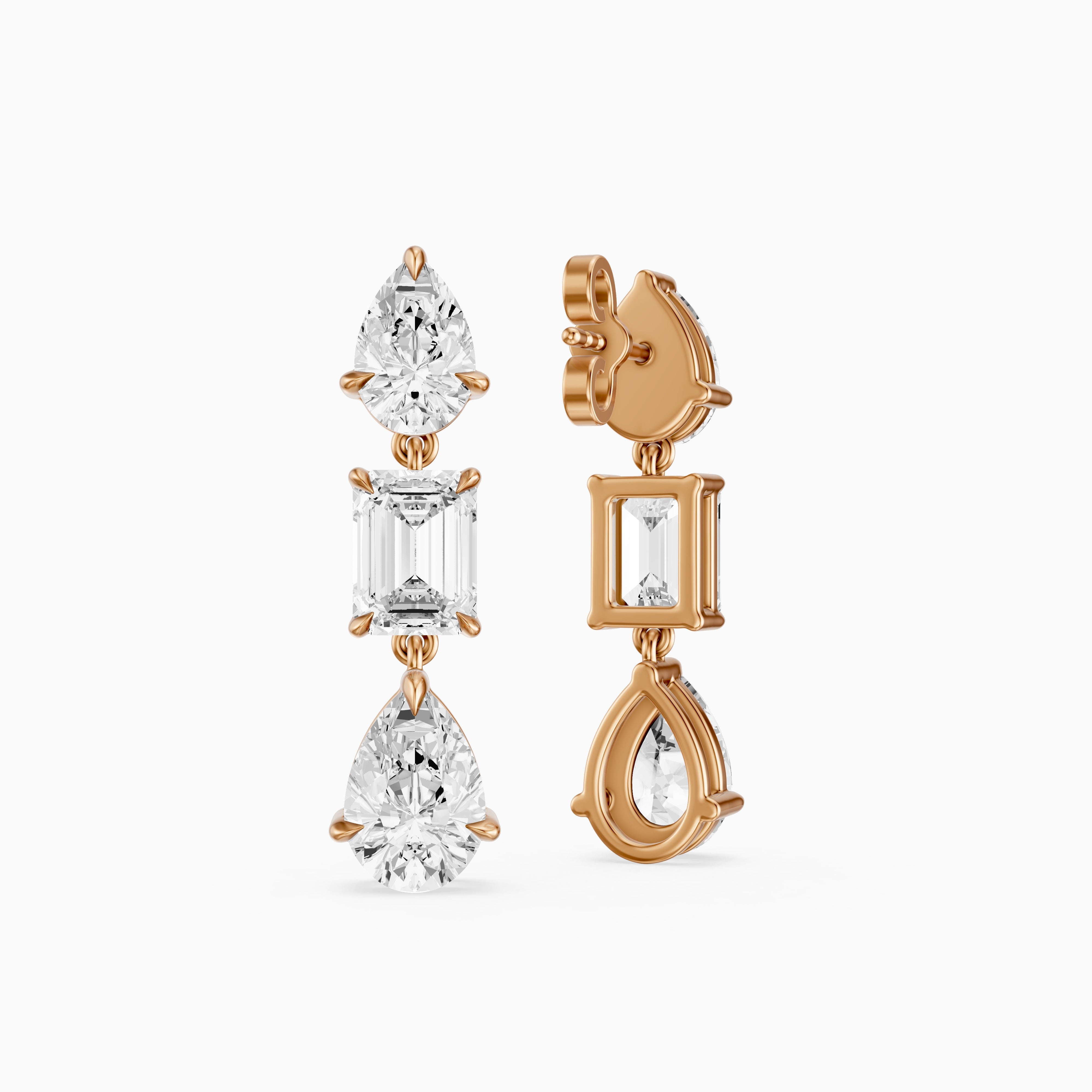 Acacia Emerald Cut and Pear Lab Grown Diamond Three Stone Drop Earrings