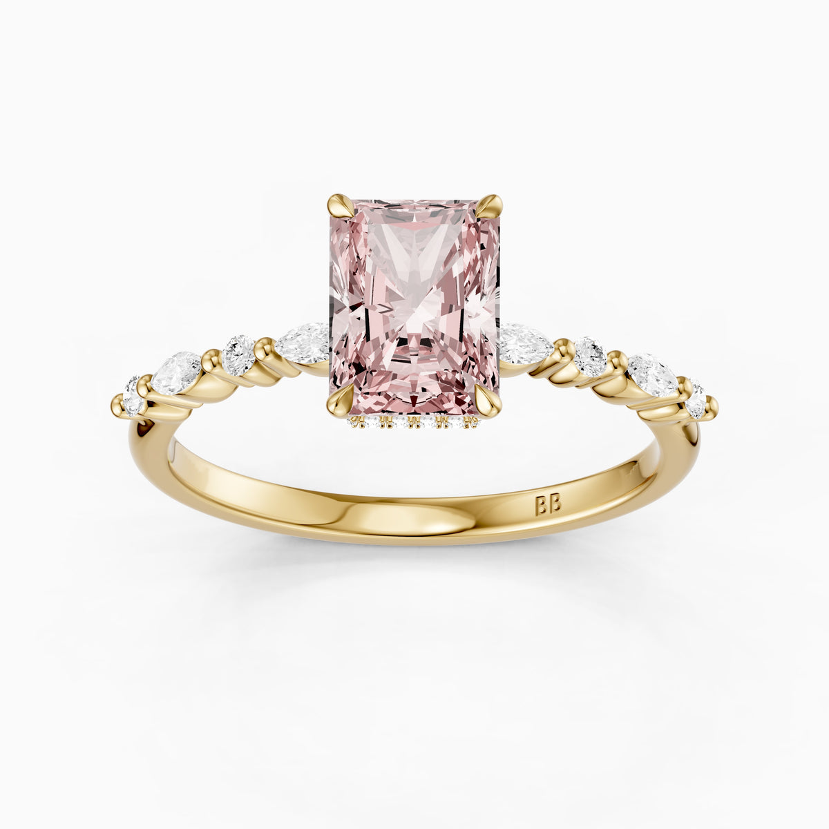 Nimue Radiant Cut Hidden Halo Side Stone Pink Lab Grown Diamond Ring