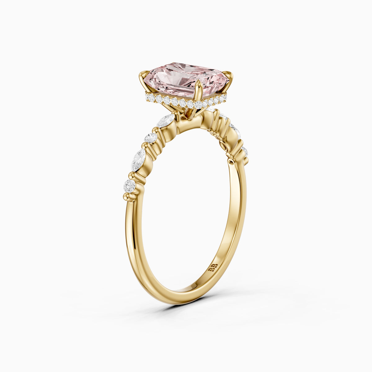Nimue Radiant Cut Hidden Halo Side Stone Pink Lab Grown Diamond Ring