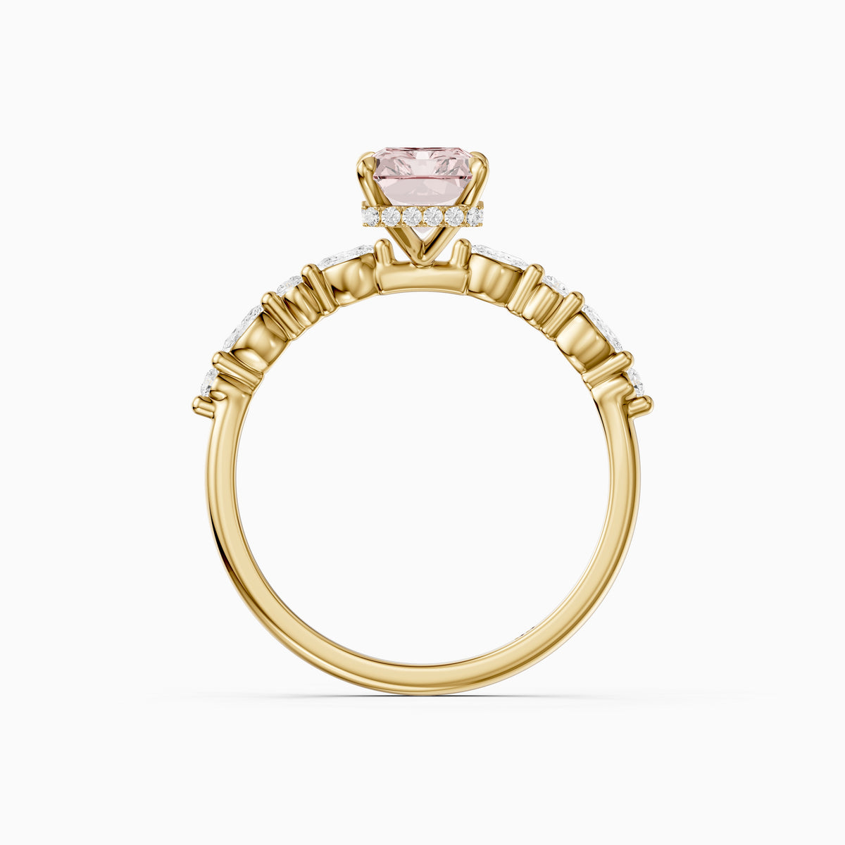 Nimue Radiant Cut Hidden Halo Side Stone Pink Lab Grown Diamond Ring