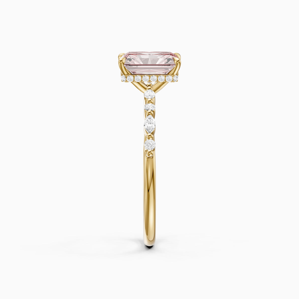 Nimue Radiant Cut Hidden Halo Side Stone Pink Lab Grown Diamond Ring