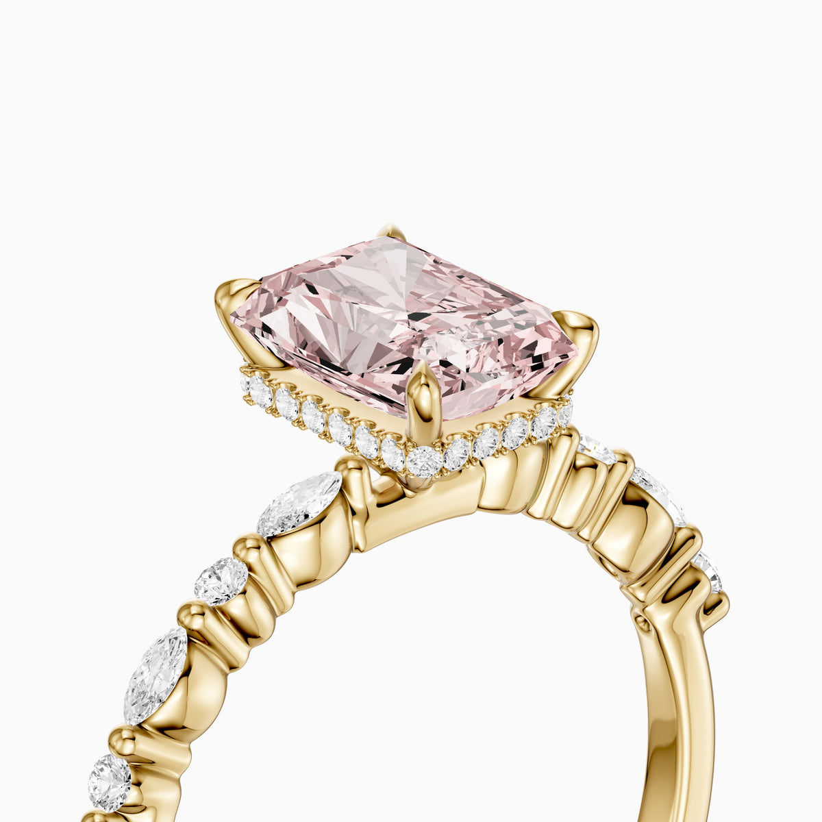 Nimue Radiant Cut Hidden Halo Side Stone Pink Lab Grown Diamond Ring