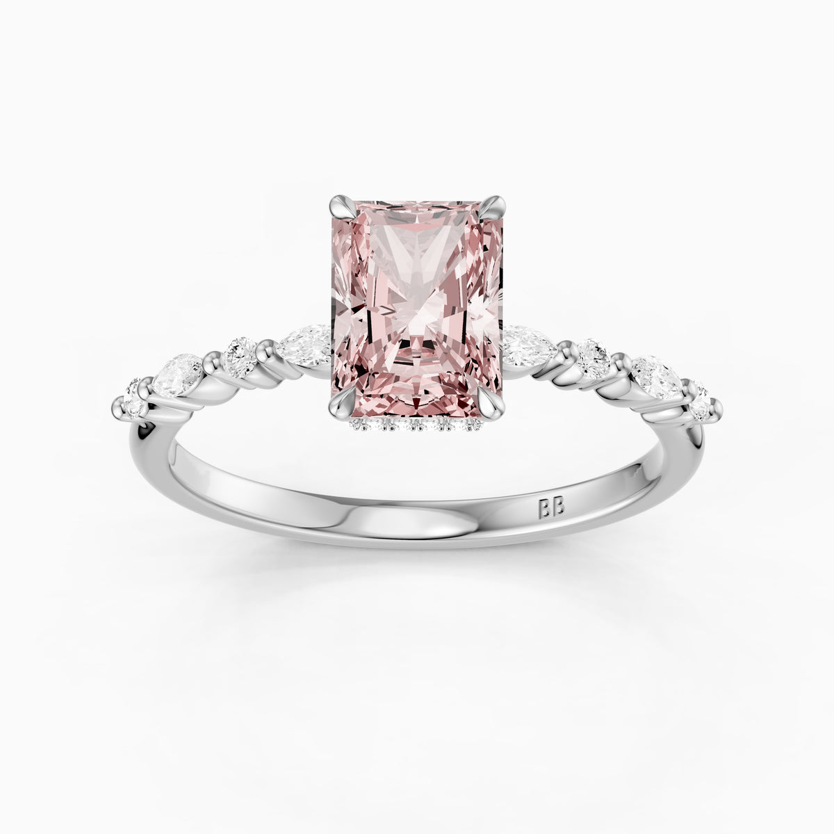 Nimue Radiant Cut Hidden Halo Side Stone Pink Lab Grown Diamond Ring