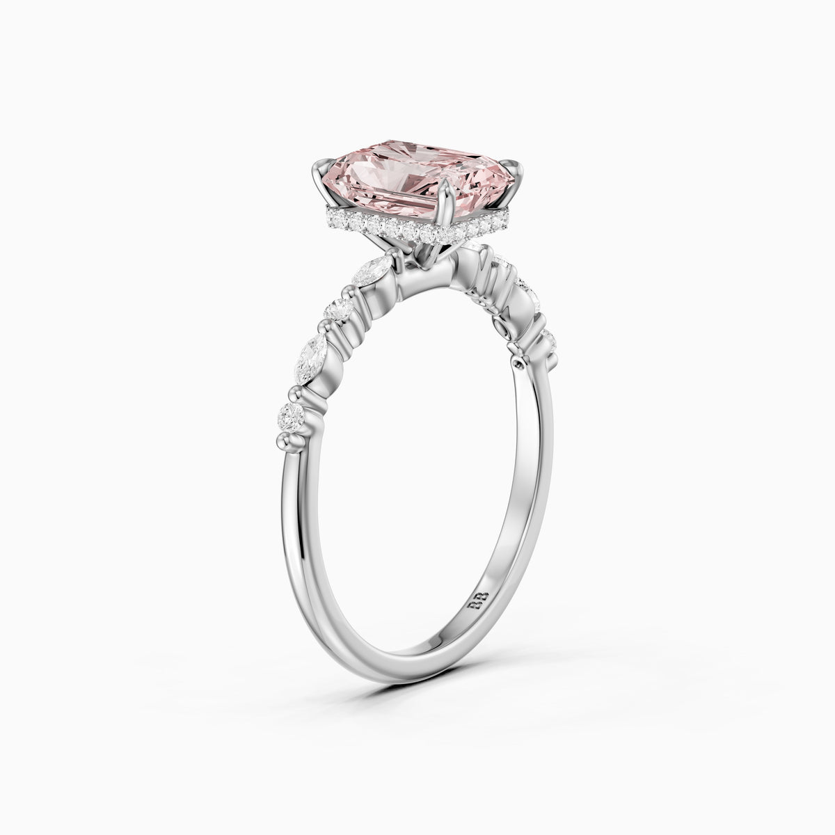 Nimue Radiant Cut Hidden Halo Side Stone Pink Lab Grown Diamond Ring