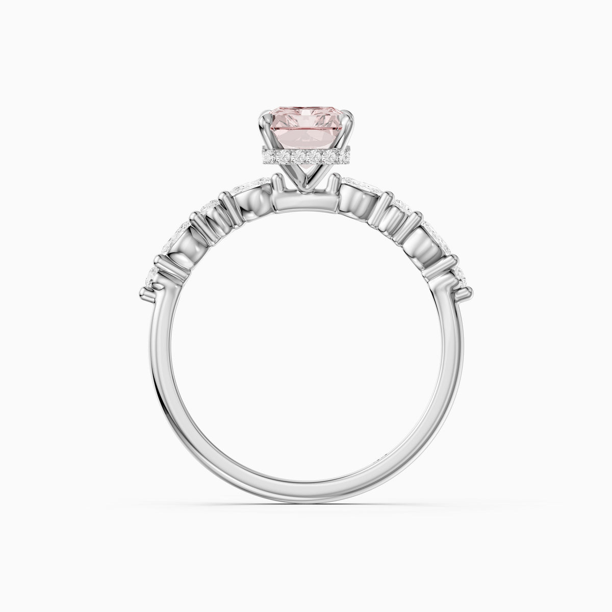 Nimue Radiant Cut Hidden Halo Side Stone Pink Lab Grown Diamond Ring