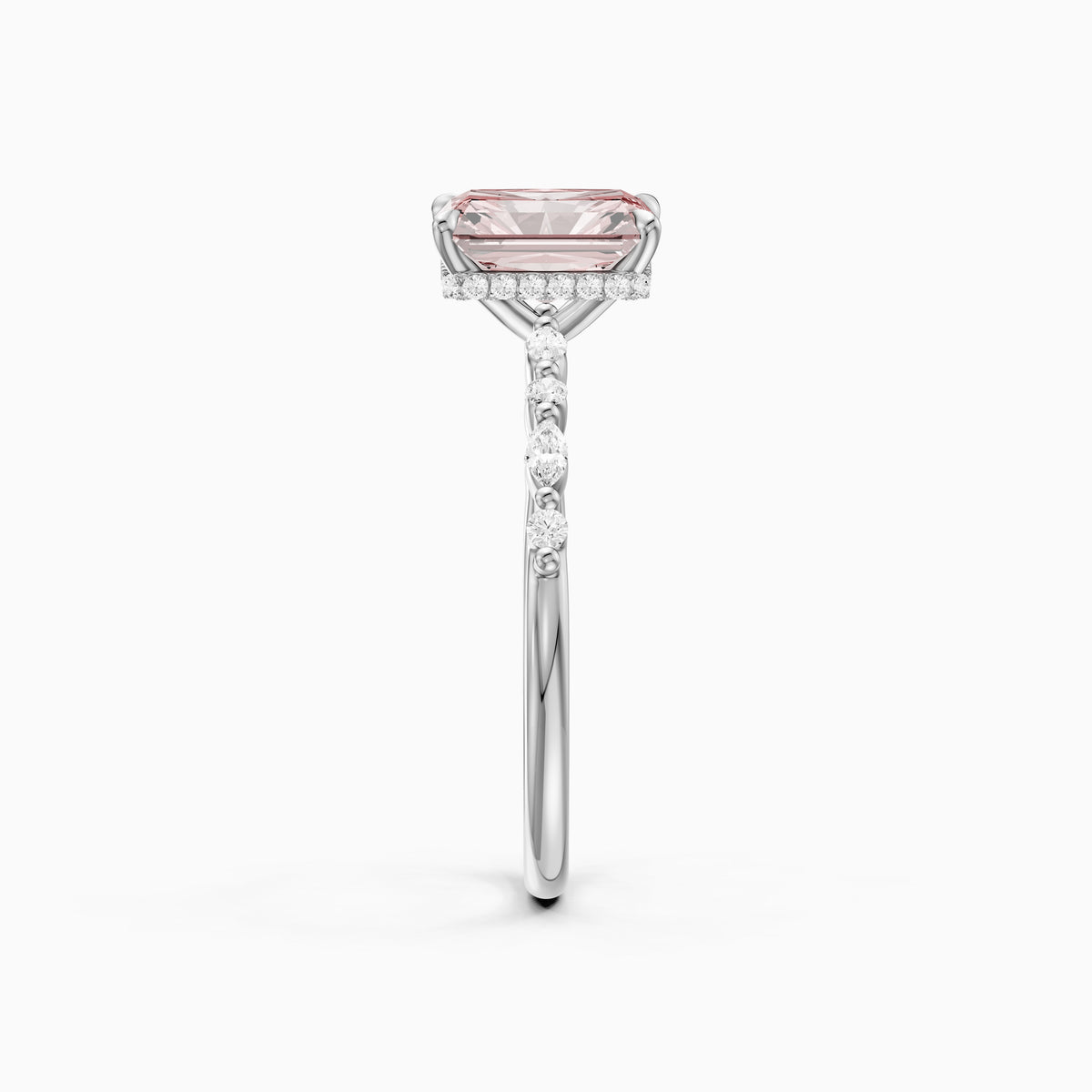 Nimue Radiant Cut Hidden Halo Side Stone Pink Lab Grown Diamond Ring