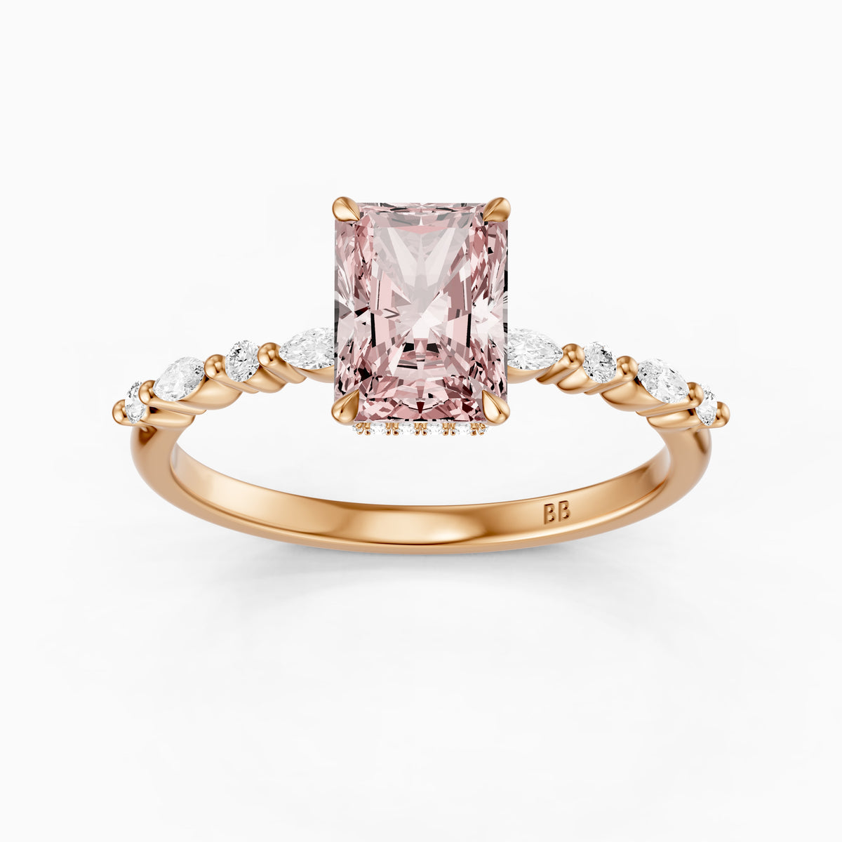 Nimue Radiant Cut Hidden Halo Side Stone Pink Lab Grown Diamond Ring