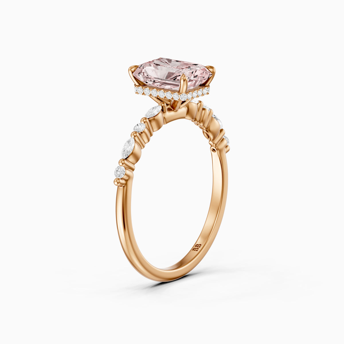 Nimue Radiant Cut Hidden Halo Side Stone Pink Lab Grown Diamond Ring
