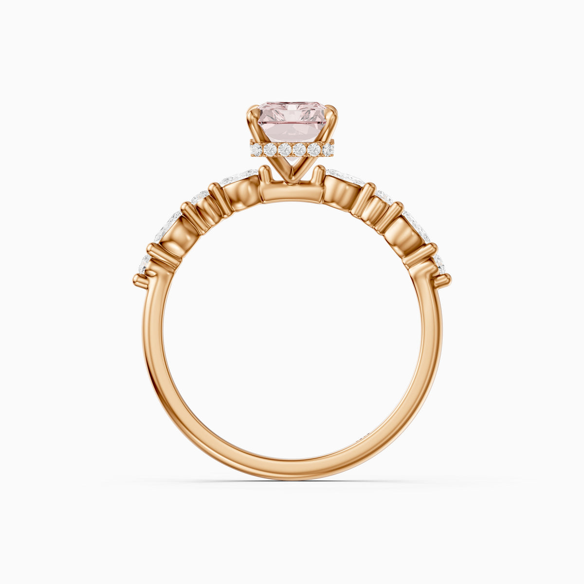 Nimue Radiant Cut Hidden Halo Side Stone Pink Lab Grown Diamond Ring