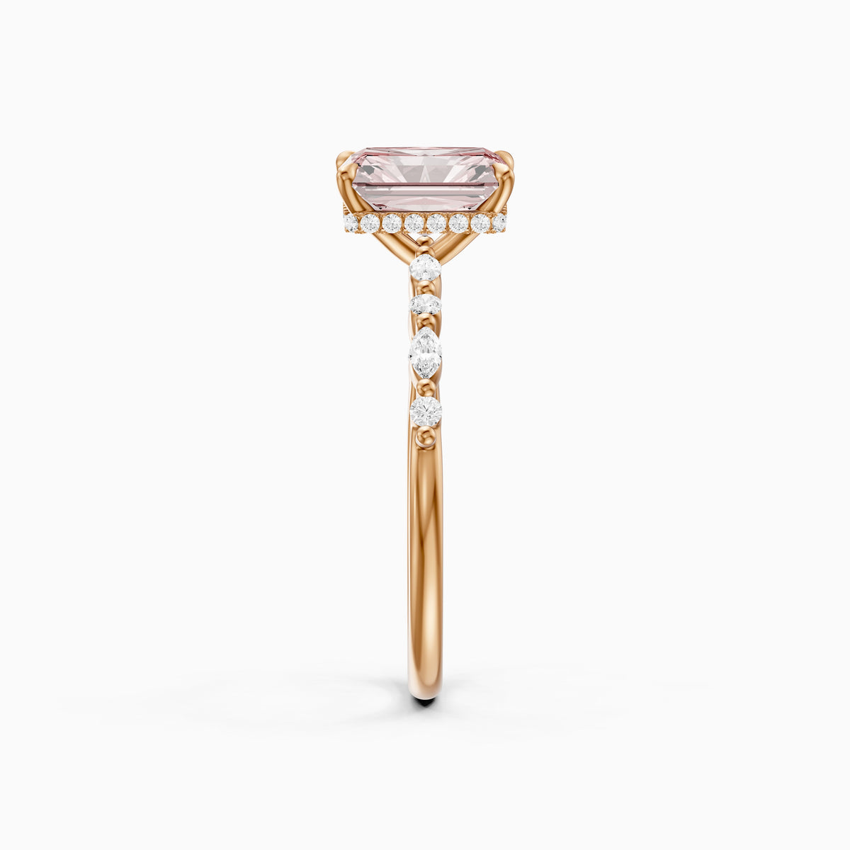 Nimue Radiant Cut Hidden Halo Side Stone Pink Lab Grown Diamond Ring