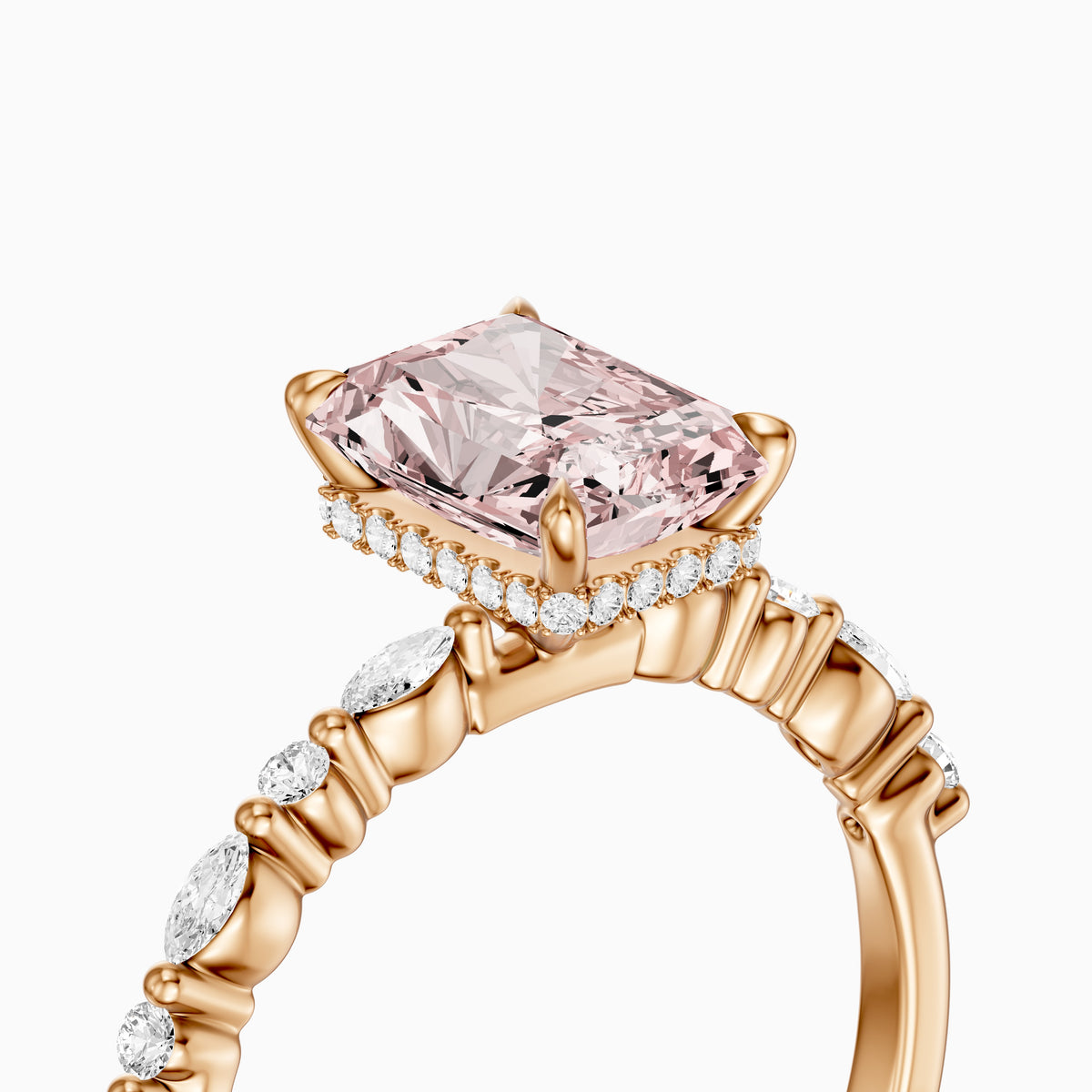 Nimue Radiant Cut Hidden Halo Side Stone Pink Lab Grown Diamond Ring