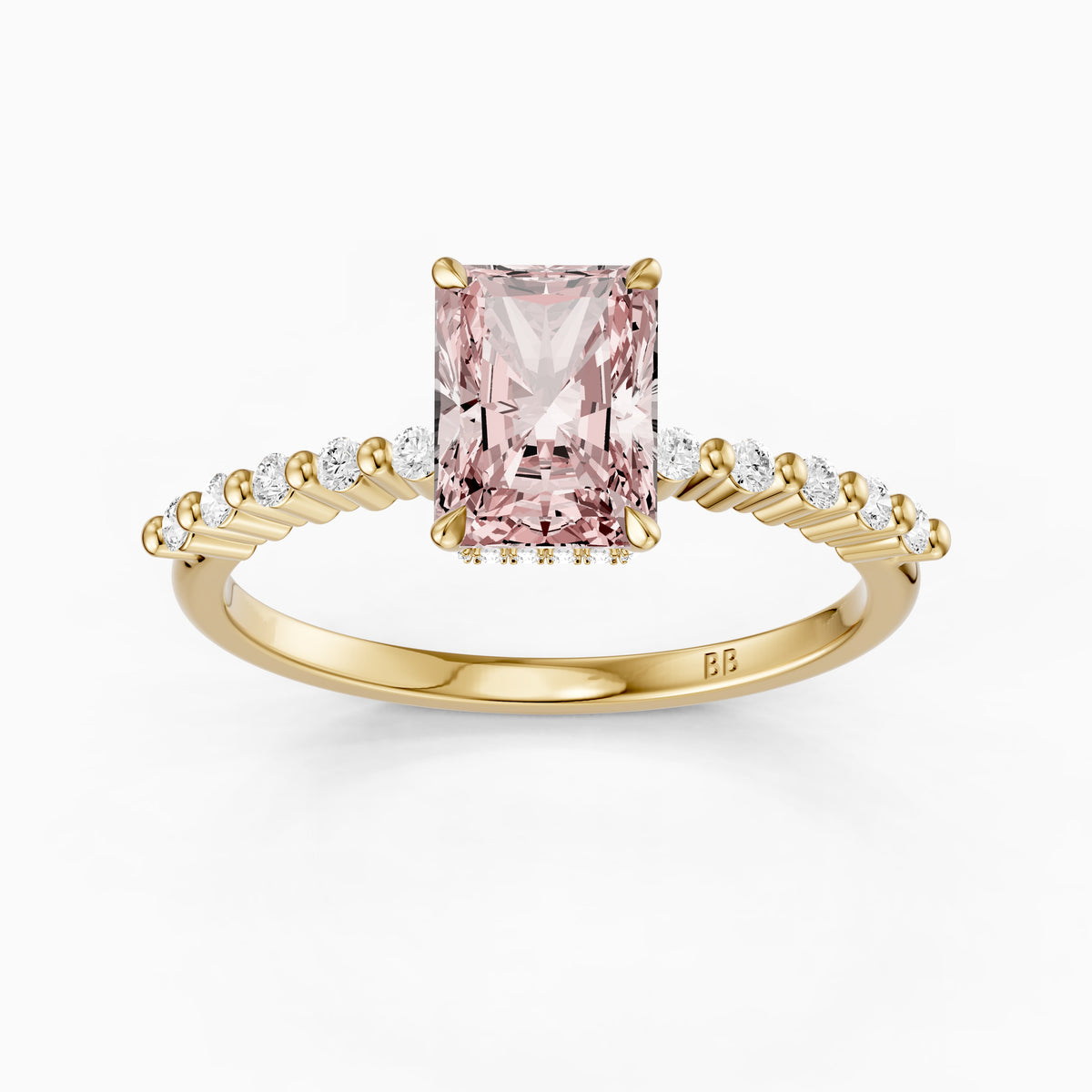 Oona Radiant Cut Hidden Halo Side Stone Pink Lab Grown Diamond Ring