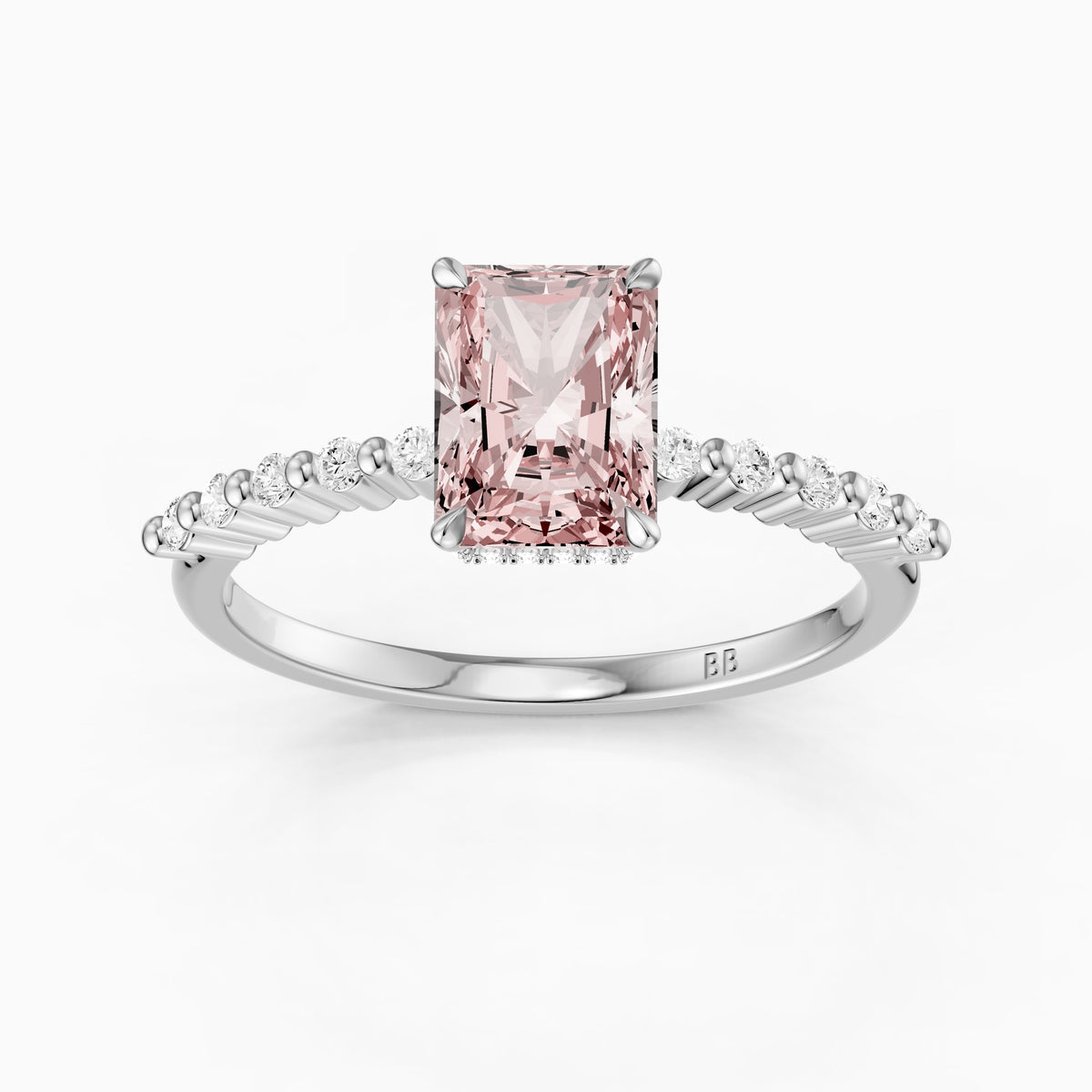 Oona Radiant Cut Hidden Halo Side Stone Pink Lab Grown Diamond Ring