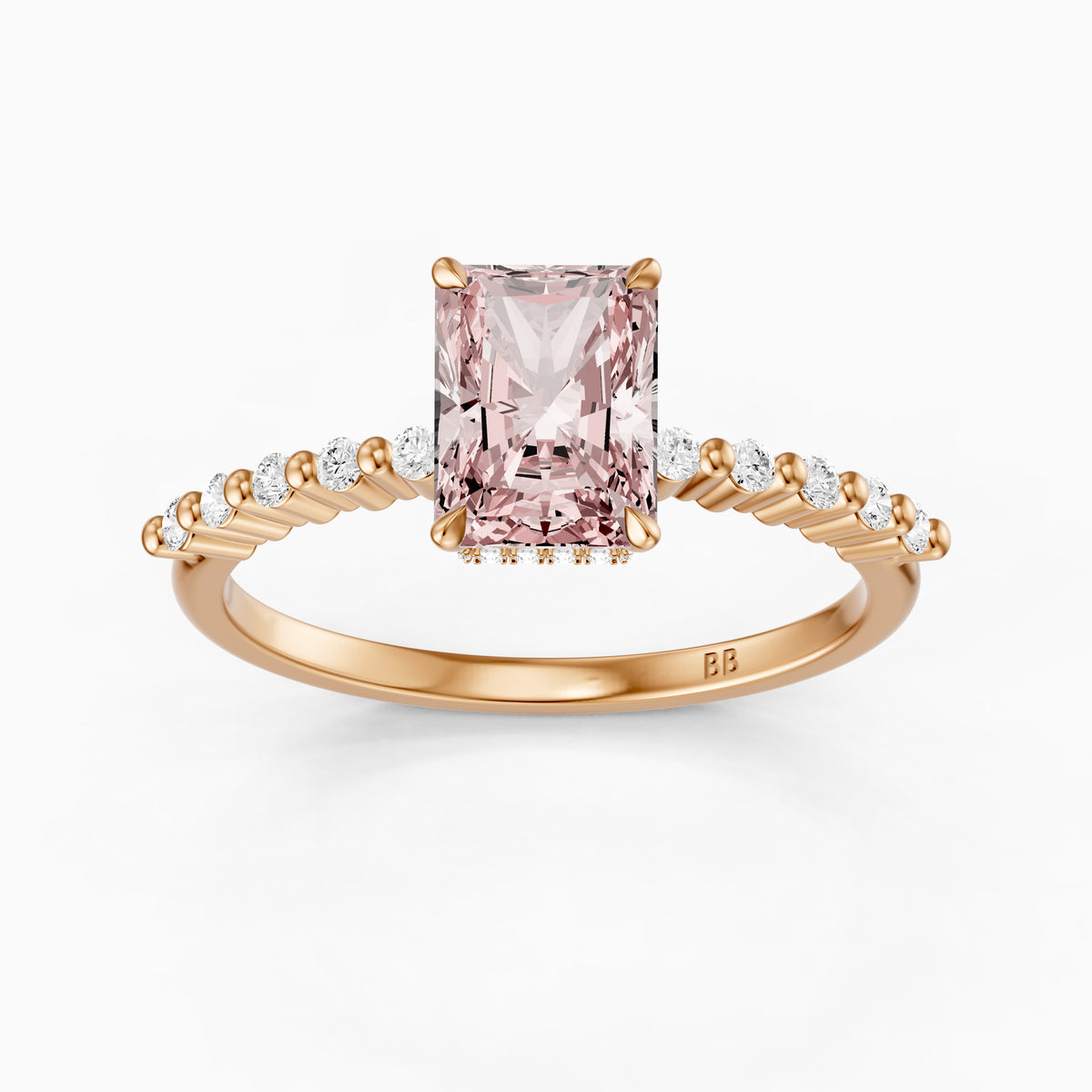 Oona Radiant Cut Hidden Halo Side Stone Pink Lab Grown Diamond Ring