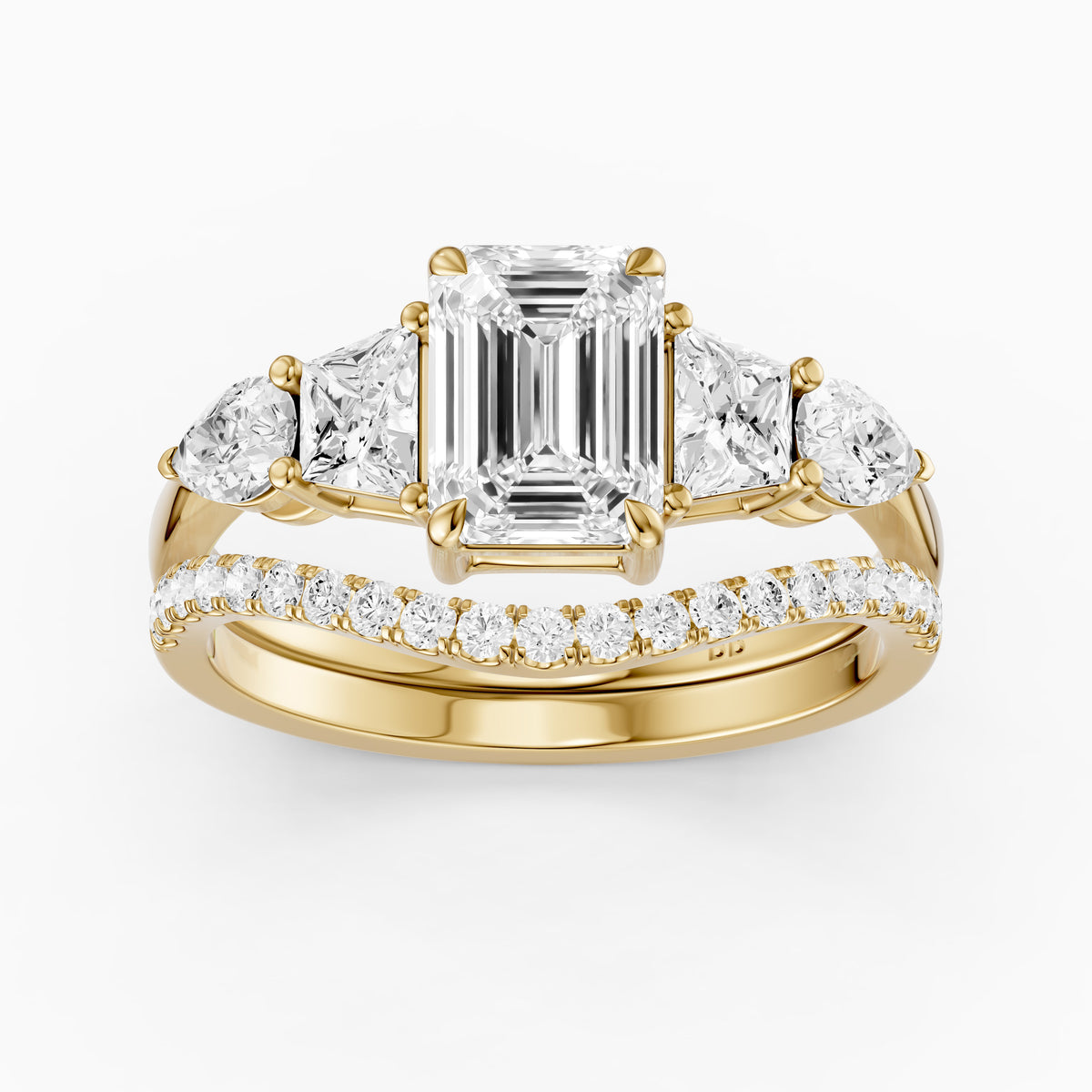 Nyla Five Stone Emerald Cut Lab Grown Diamond Bridal Set with Curved Pave Band