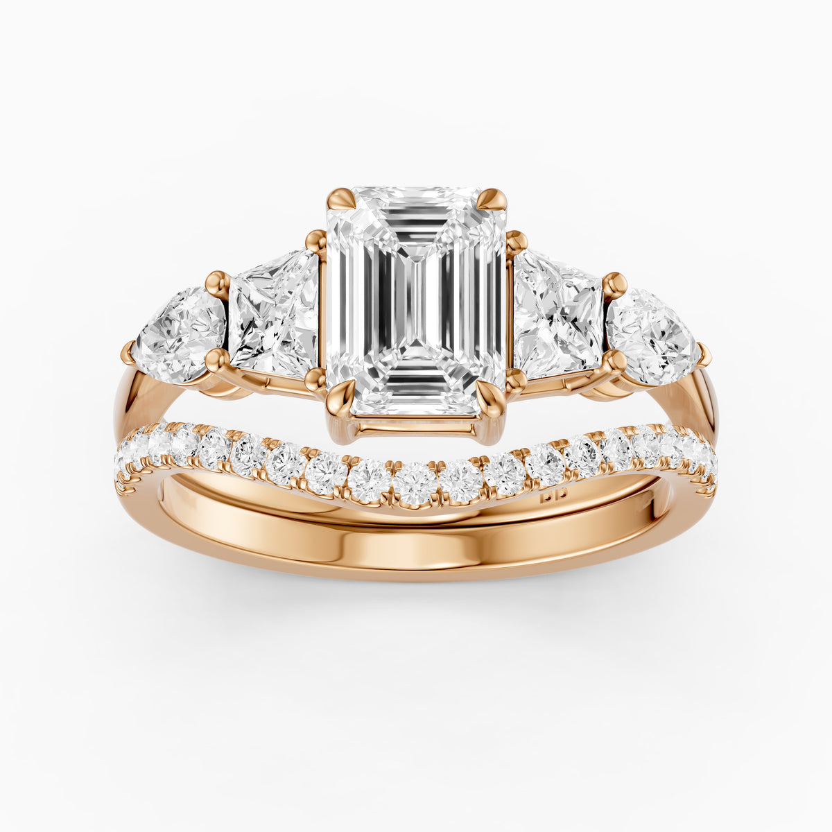 Nyla Five Stone Emerald Cut Lab Grown Diamond Bridal Set with Curved Pave Band