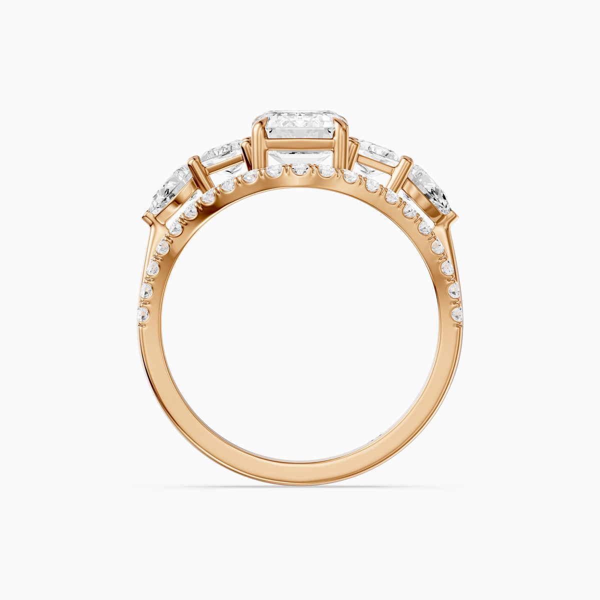Nyla Five Stone Emerald Cut Lab Grown Diamond Bridal Set with Curved Pave Band