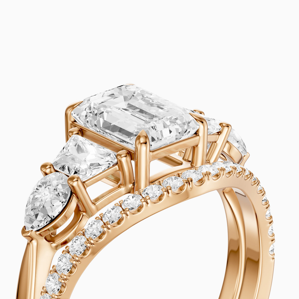 Nyla Five Stone Emerald Cut Lab Grown Diamond Bridal Set with Curved Pave Band