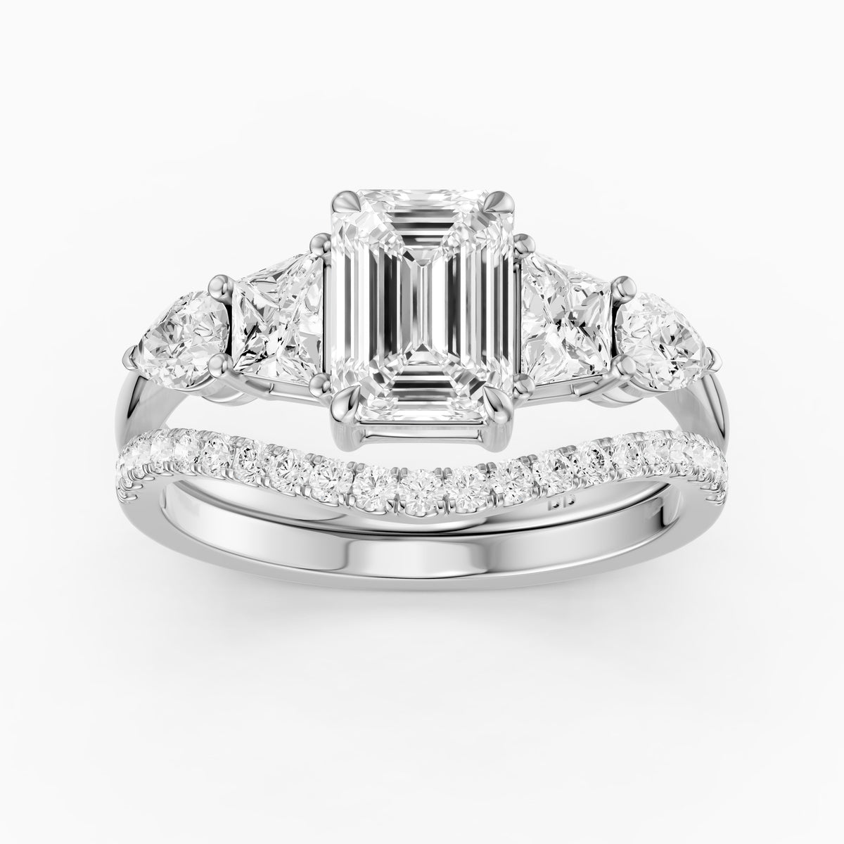 Nyla Five Stone Emerald Cut Lab Grown Diamond Bridal Set with Curved Pave Band